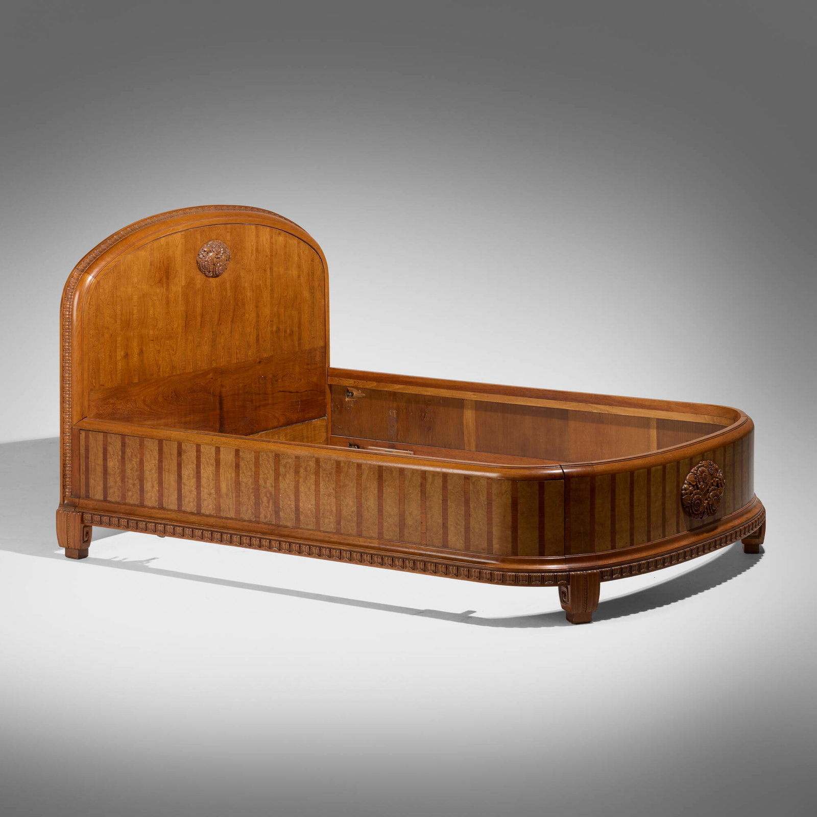 Paul Follot, attribution, Art Deco full-size bed frame: Paul Follot, attribution Art Deco full-size bed frame France, c. 1925 oak, mahogany, bird's-eye maple 47.5 h x 62 w x 85.75 d in (121 x 157 x 218 cm) This work will ship from Lambertville, New Jers