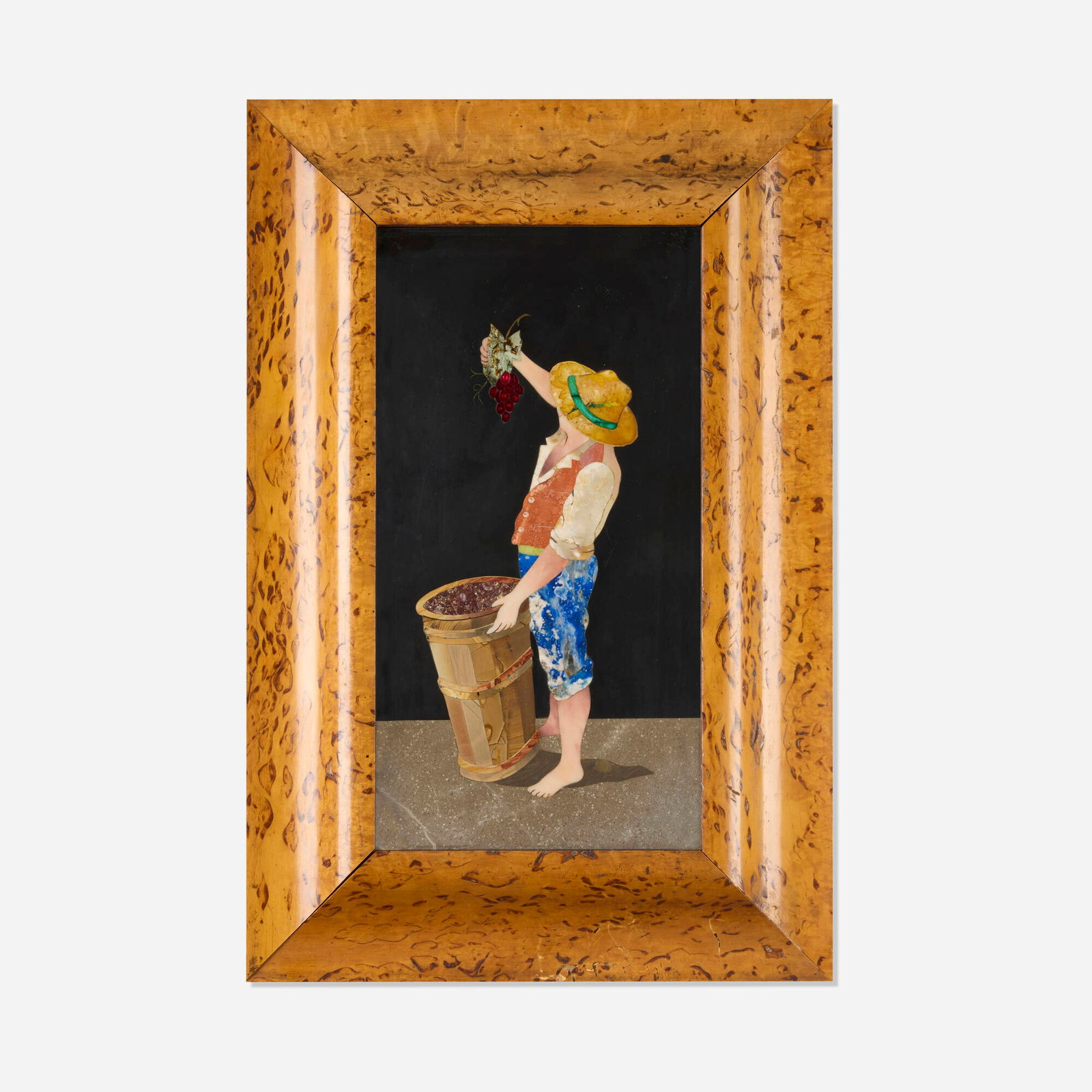 Italian, Pietra Dura plaque: Italian Pietra Dura plaque c. 1955 lapis lazuli, malachite, jasper, assorted hardstones, glass sight: 10 h x 5.125 w in (25 x 13 cm) Plaque depicts a man harvesting grapes. This work will sh