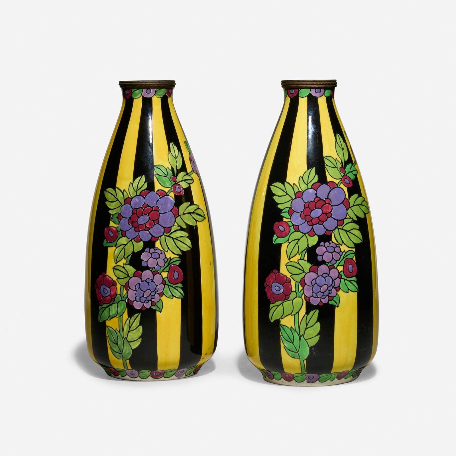 Charles Catteau for Boch Freres Keramis, Art Deco vases with flowers, pair: Charles Catteau for Boch Freres Keramis Art Deco vases with flowers, pair Belgium, c. 1925 glazed earthenware, patinated metal 12.25 h x 5.75 dia in (31 x 15 cm) Stamped manufacturer's mark to
