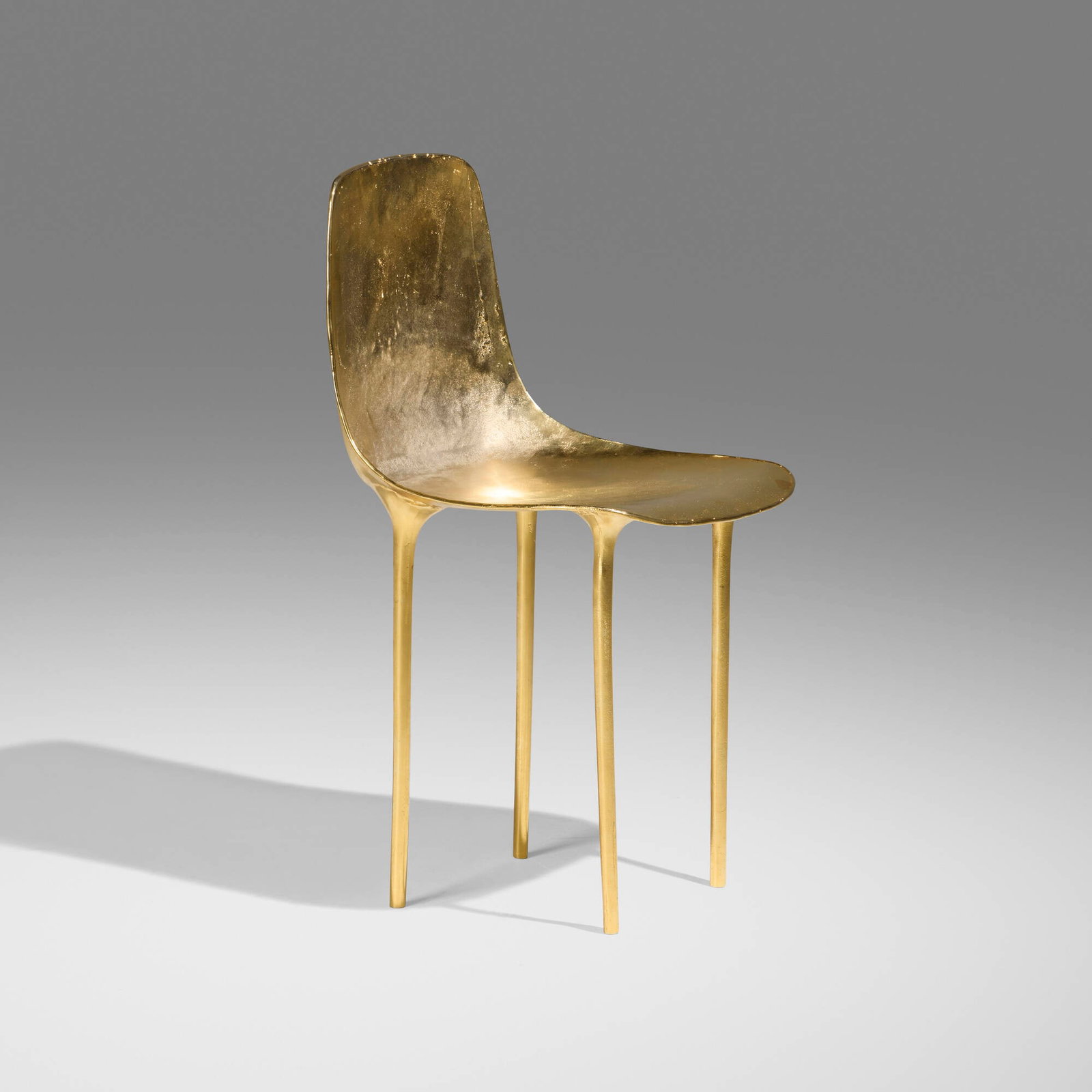 Massimiliano Locatelli, ML1.2 chair: Massimiliano Locatelli ML1.2 chair Italy, 2017 cast aluminum in gold-plated finish 29.75 h x 15.25 w x 15 d in (76 x 39 x 38 cm) This work will ship from Lambertville, New Jersey.