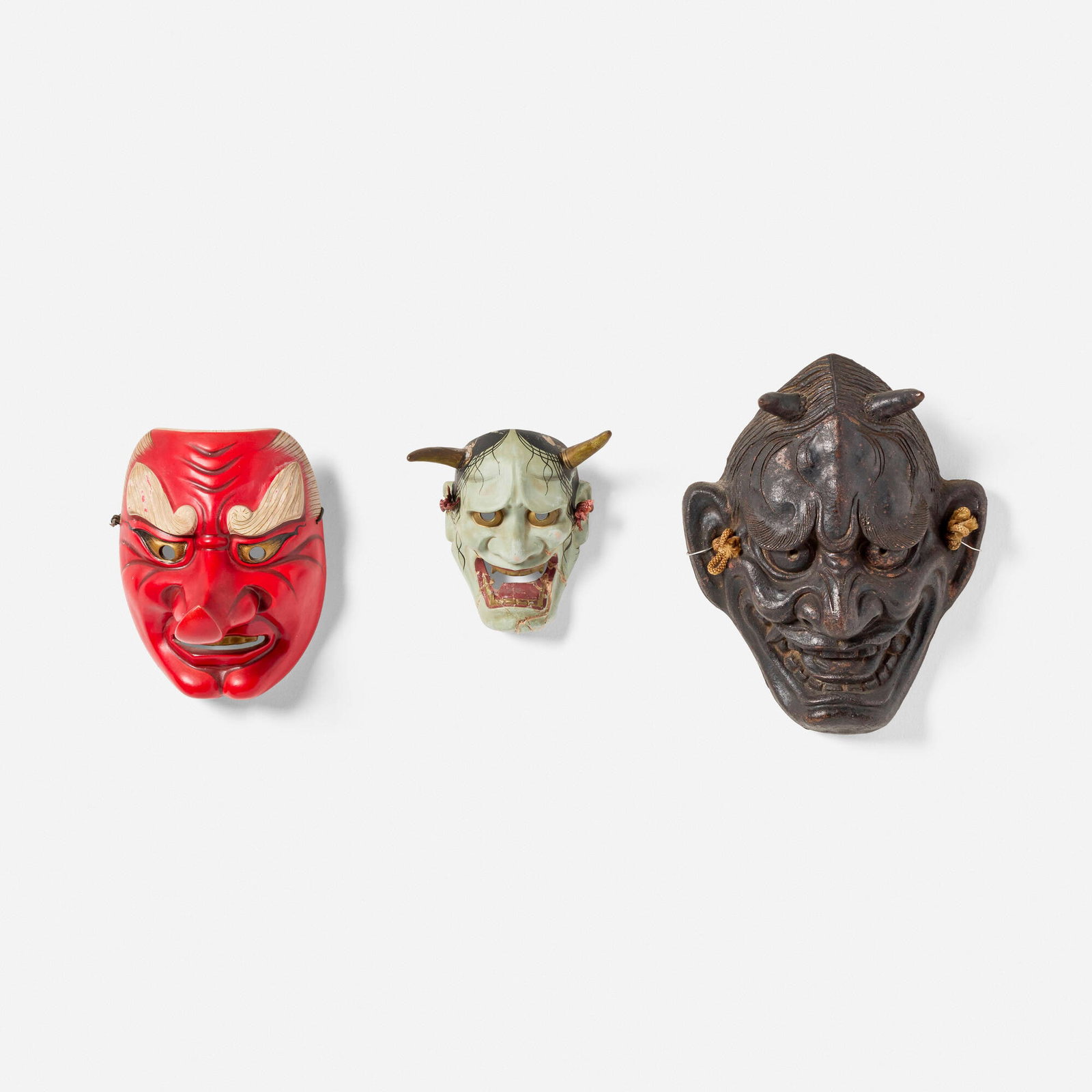 Japanese, Collection of three masks: Japanese Collection of three masks 20th century painted ceramic, lacquered wood 11.75 h x 9.5 w x 4 d in (30 x 24 x 10 cm) 9 h x 6.5 w x 7.5 d in (23 x 17 x 19 cm) 6.5 h x 4.75 w x 3 d in (17 x 12 x 8