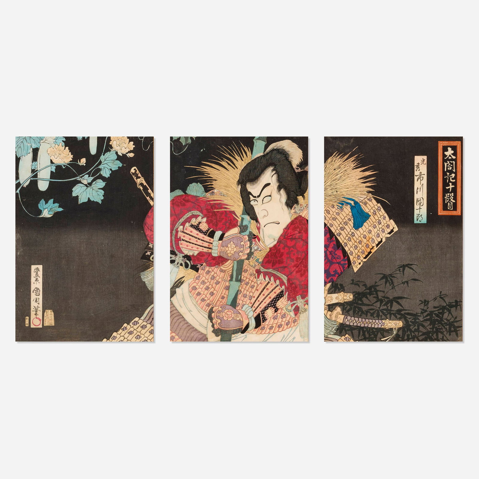 Toyohara Kunichika, Ehon Taikoki (triptych): Toyohara Kunichika Ehon Taikoki (triptych) Meiji period (c. 1897) woodblock print in colors overall (sight): 13.75 h x 29.75 w in (35 x 76 cm) each (sight): 13.75 h x 9 w in (35 x 23 cm) This wo