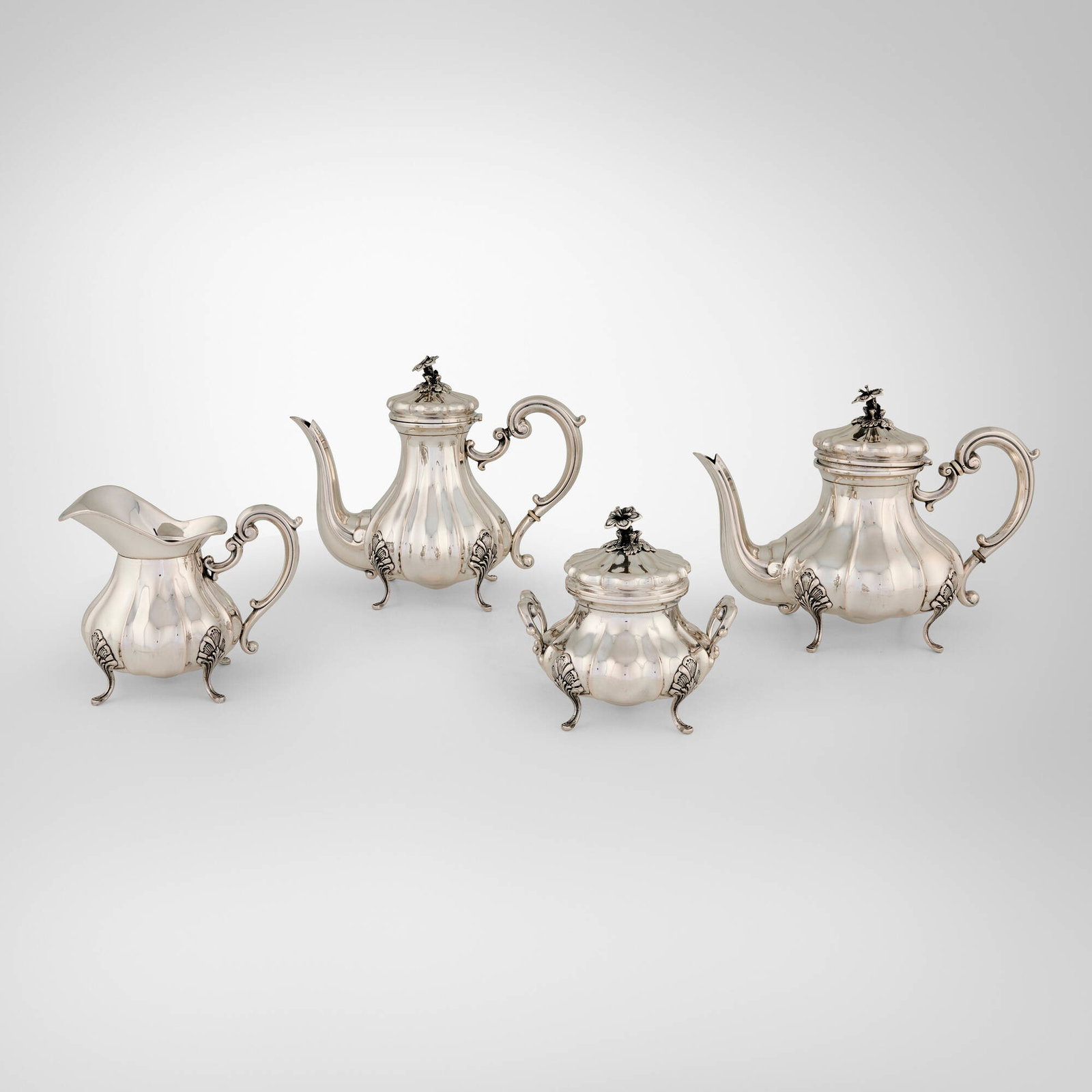 Pietrasanta Gianni & C., Four-piece coffee and tea service: Pietrasanta Gianni & C. Four-piece coffee and tea service Alessandria, Italy, c. 1955 .800 silver, bone largest: 8.5 h x 10.25 w x 5.25 d in (22 x 26 x 13 cm) smallest: 6 h x 6 w x 5 d in (15 x 15 x 1