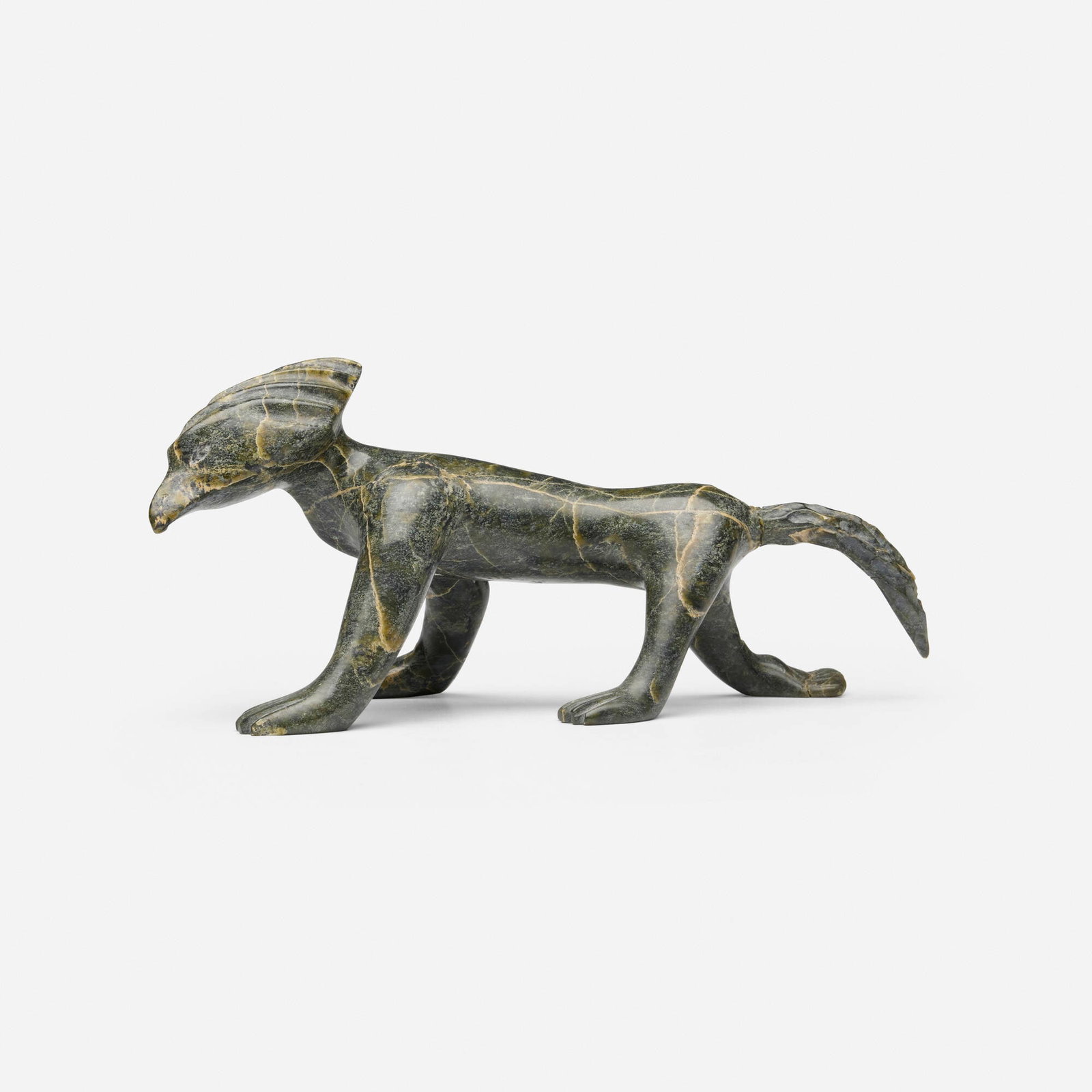 Inuit, Mythical Figure (sculpture): Inuit Mythical Figure (sculpture) serpentine 3.75 h x 8.25 w x 4.125 d in (10 x 21 x 10 cm) Incised syllabic signature to underside. Provenance: Property from the Estate of Morton Swinsky