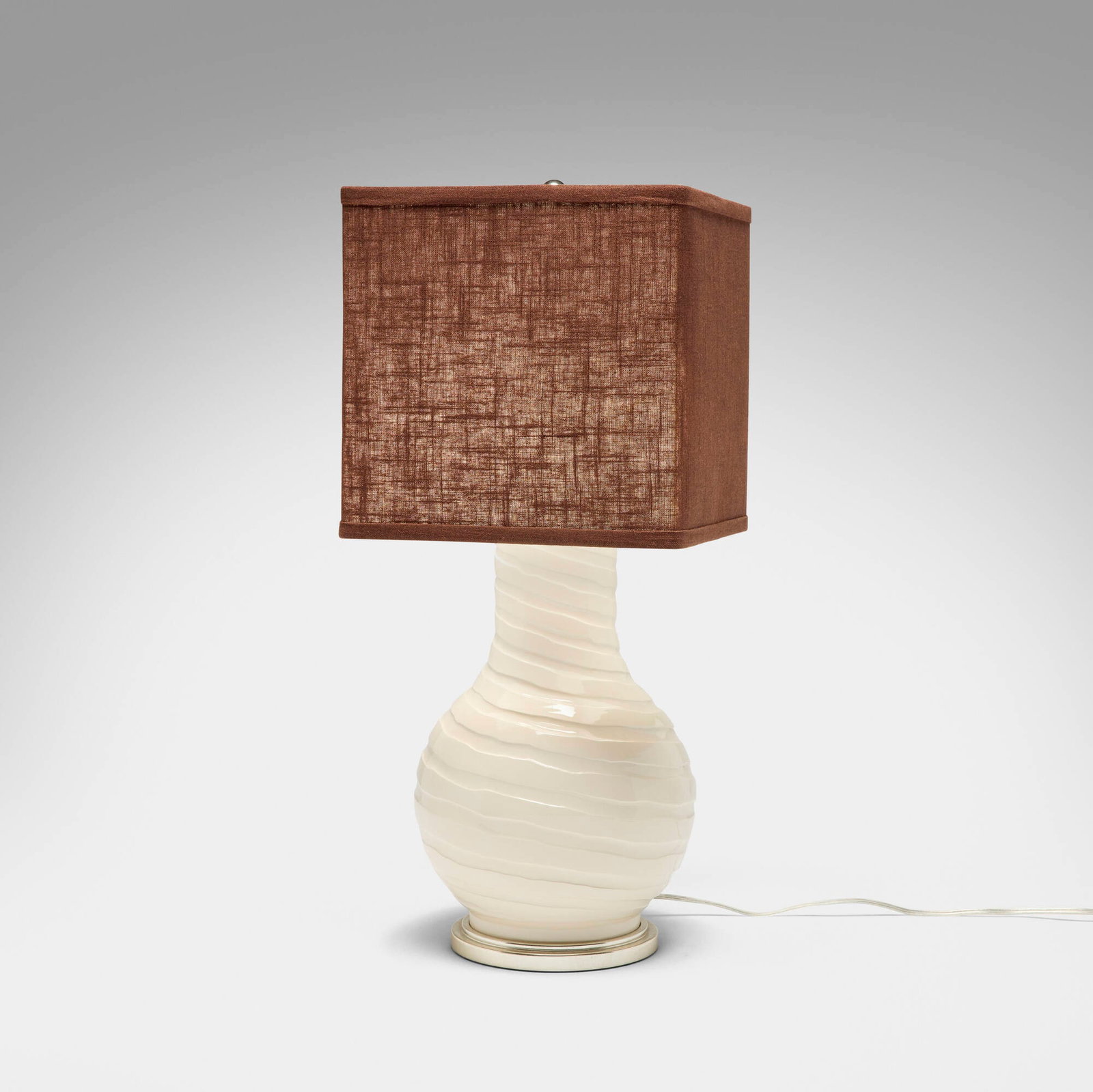 Christopher Spitzmiller, Table lamp: Christopher Spitzmiller Table lamp USA, 21st century glazed stoneware, chrome-plated brass and steel, aluminum 28 h x 12 w x 12 d in (71 x 30 x 30 cm) Decal manufacturer's label to underside