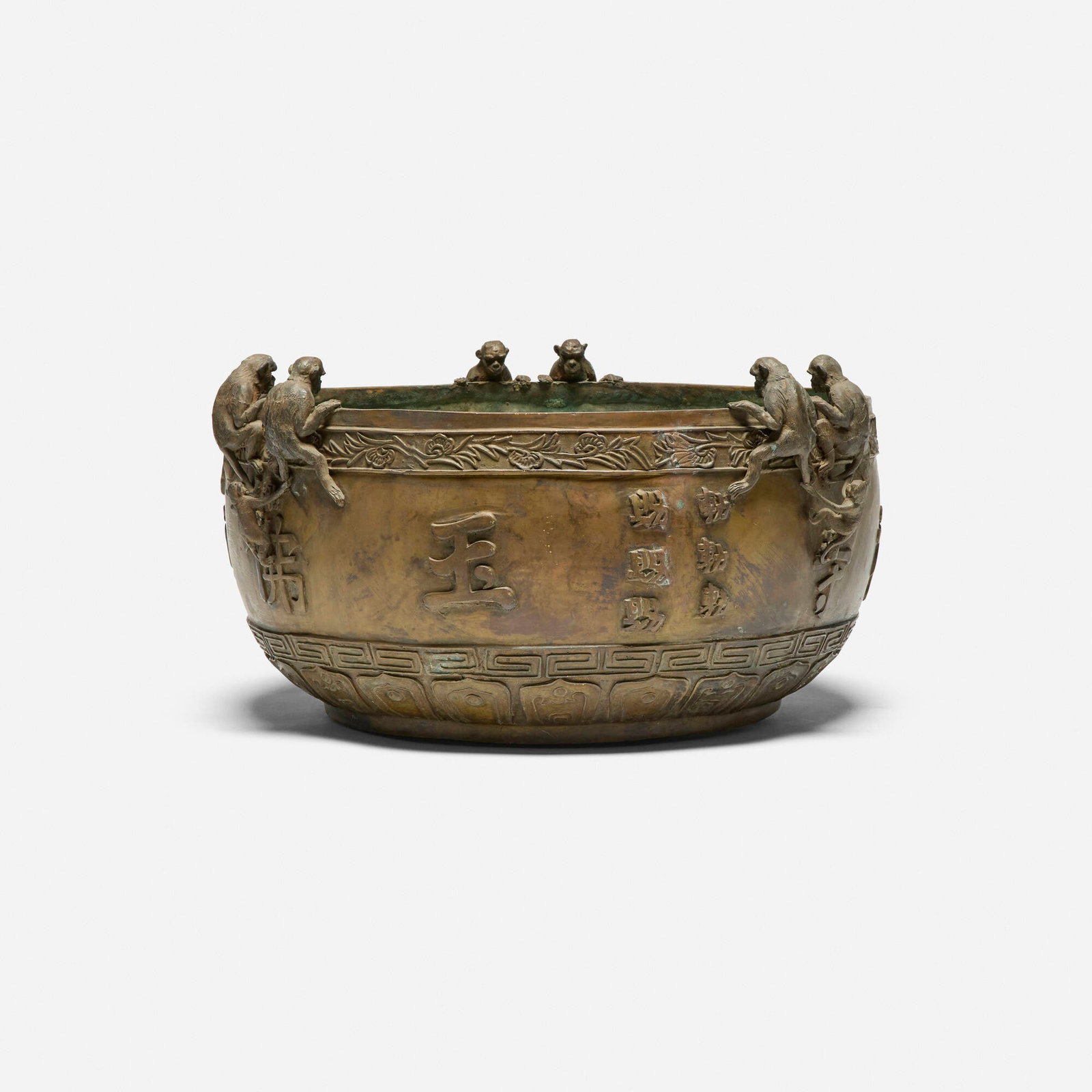 Chinese Style, Centerpiece bowl with monkeys: Chinese Style Centerpiece bowl with monkeys late 20th century bronze 11.5 h x 21 dia in (29 x 53 cm) This work will ship from Los Angeles, California.