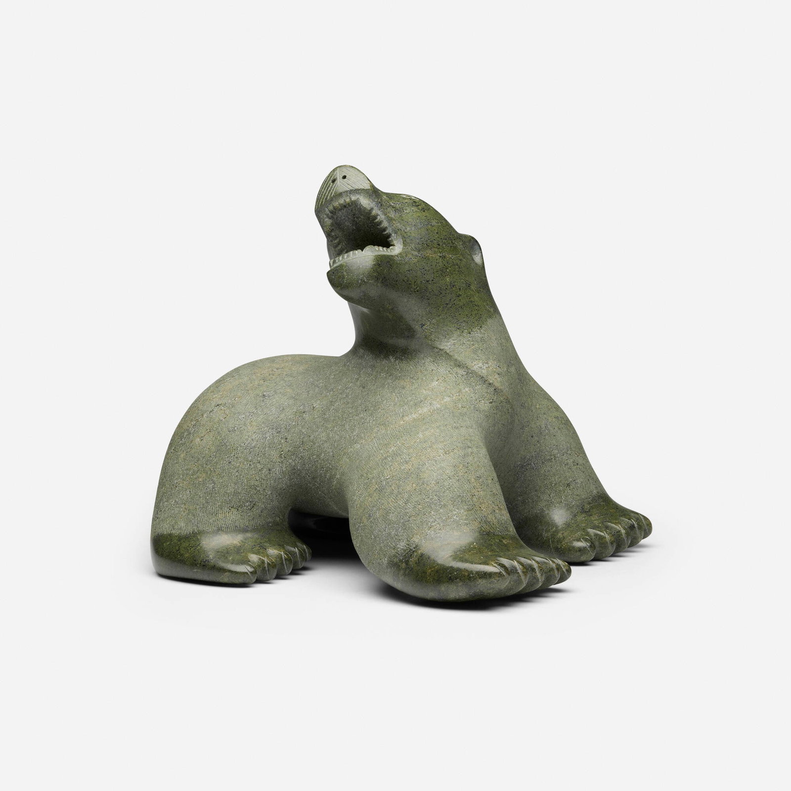 Nalenik Temela, Polar Bear (Inuit sculpture): Nalenik Temela Polar Bear (Inuit sculpture) 1989 soapstone 11.5 h x 12.5 w x 13.25 d in (29 x 32 x 34 cm) Incised syllabic signature to underside with date '89' and sticker labels 'Carv