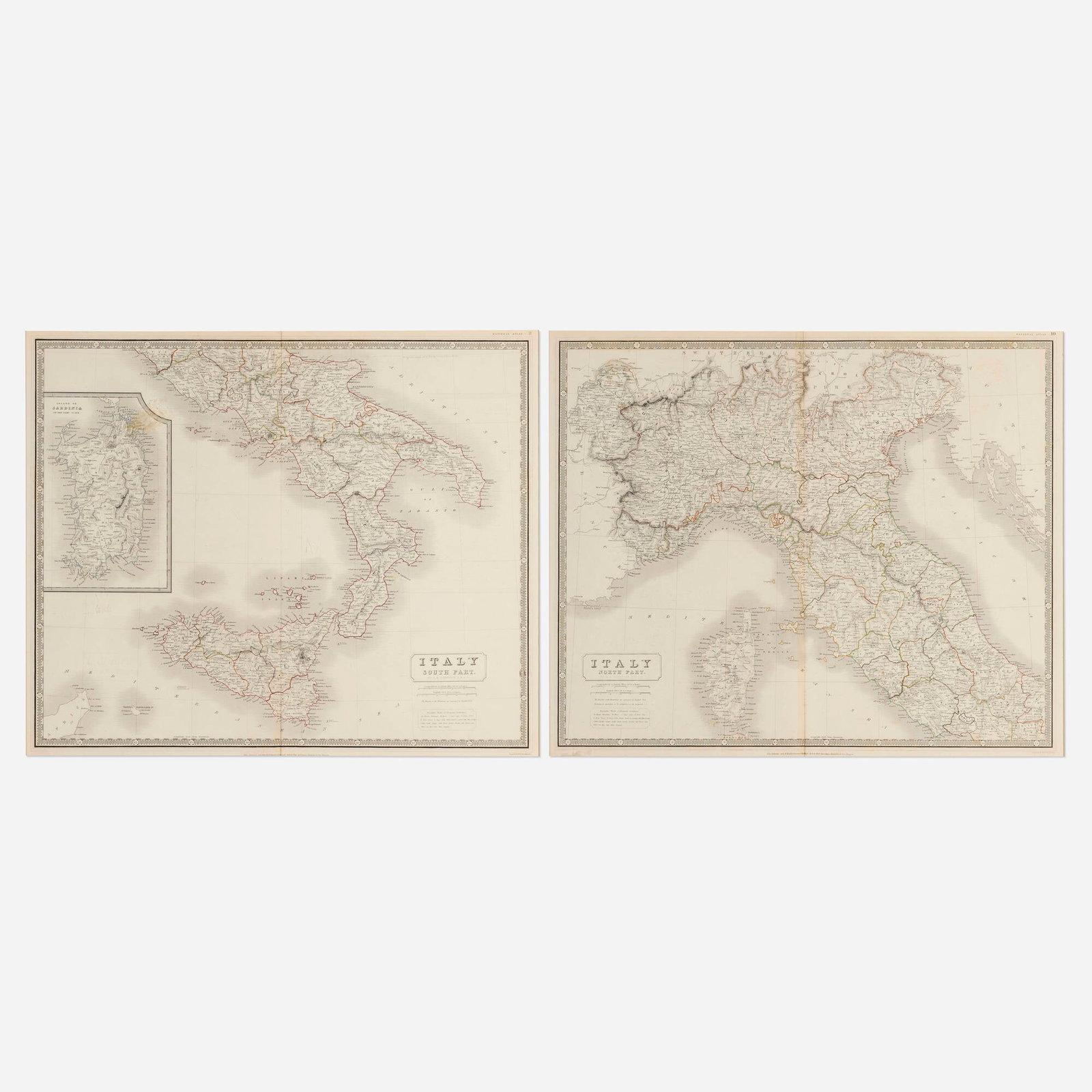 Alexander Keith Johnston, Italy North Part; Italy South Part (two antique maps): Alexander Keith Johnston Italy North Part; Italy South Part (two antique maps) c. 1843 lithograph on paper with hand-coloring image (each): 19.5 h x 23.75 w in (50 x 60 cm) sight (each): 20 h x 24.5 w