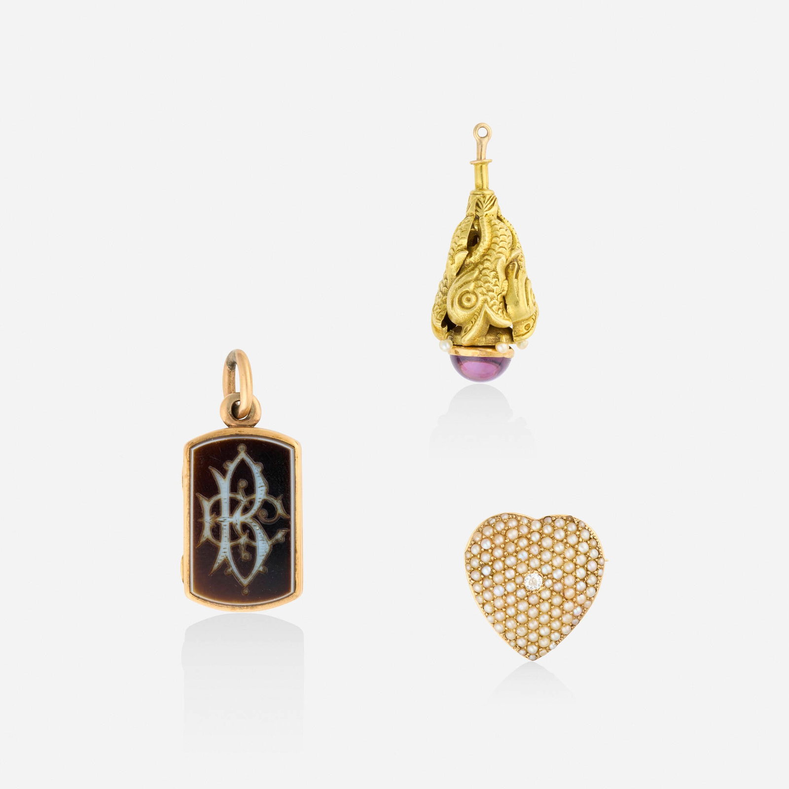 Antique, Group of gold and multi-gem pendants: Antique Group of gold and multi-gem pendants Comprising a locket set with polished carnelian and a banded agate monogrammed intaglio; a heart pendant brooch set with seed pearls and an old mine-cut di