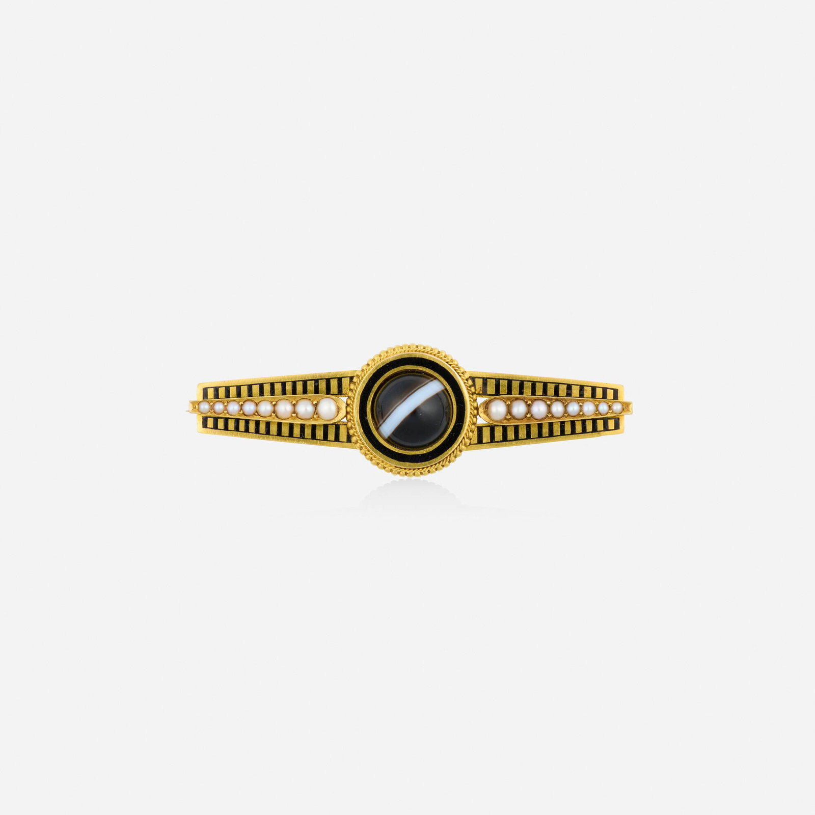 Victorian, Mourning multi-gem, enamel, and gold brooch: Victorian Mourning multi-gem, enamel, and gold brooch Set with a cabochon banded agate, seed pearls, and black enamel, with woven hair on the reverse Yellow gold 2.25 x 0.625 in; Gross weight 5.7 dwts