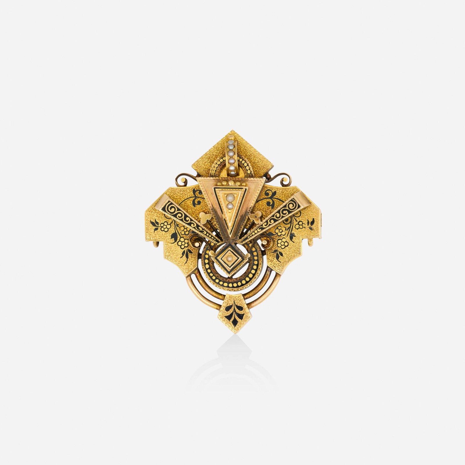 Victorian, Seed pearl, enamel, and gold pendant: Victorian Seed pearl, enamel, and gold pendant Of engraved floral design, enhanced with black enamel and set with seed pearls Yellow gold 1.75 x 1.625 in; Gross weight 11.7 dwts This work will ship