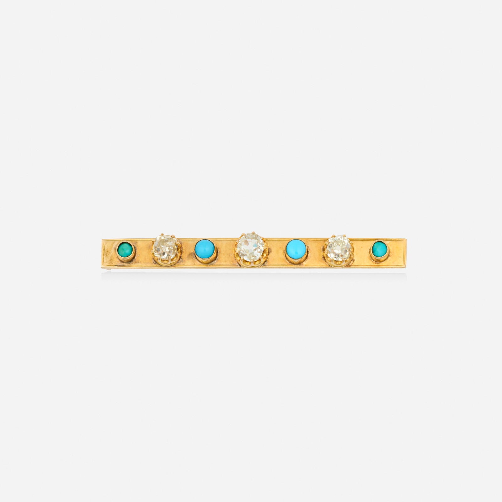 Antique, Turquoise, diamond, and gold brooch: Antique Turquoise, diamond, and gold brooch Set with alternating cabochon turquoise and old mine-cut diamonds 18k yellow gold 2.25 x 0.25 in; Gross weight 5.2 dwts This work will ship from