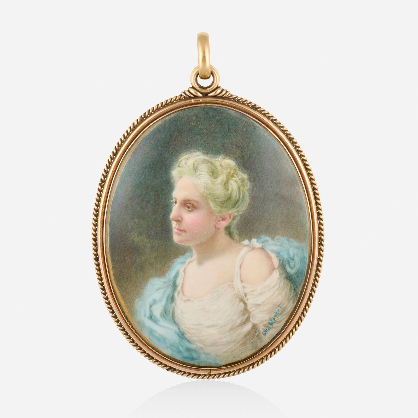Victorian, Gold and portrait mourning pendant: Victorian Gold and portrait mourning pendant Designed with a large hand-painted portrait by Otto Merkel, framed by roped gold, encased woven hair on the reverse Pink gold 4.50 x 3 in; Gross weight 72.