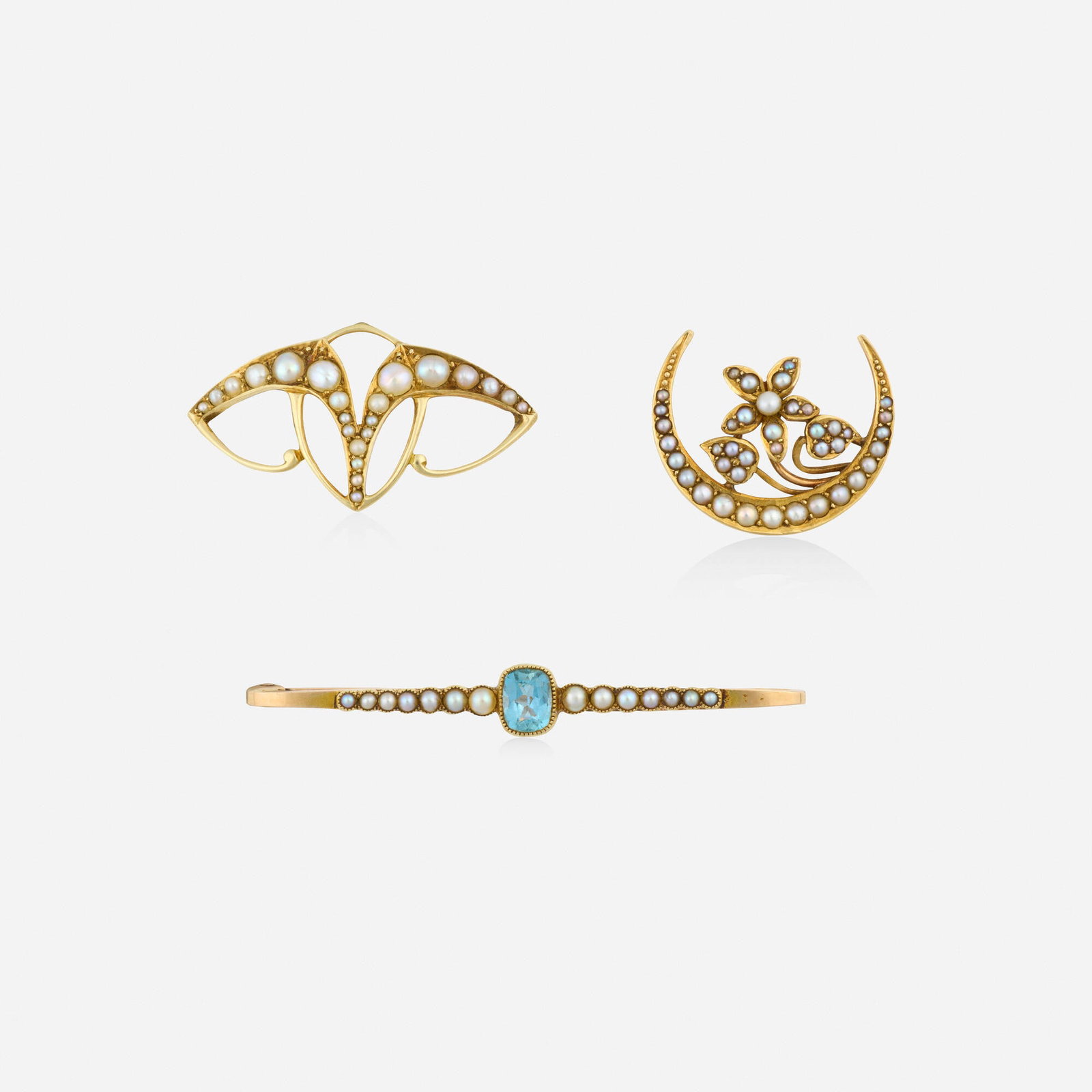 Antique, Three seed pearl and gold brooches: Antique Three seed pearl and gold brooches Comprising a floral and crescent moon brooch set with seed pearls by Krementz; an open-form brooch set with seed pearls by William Hair Haseler, 1905; and a 