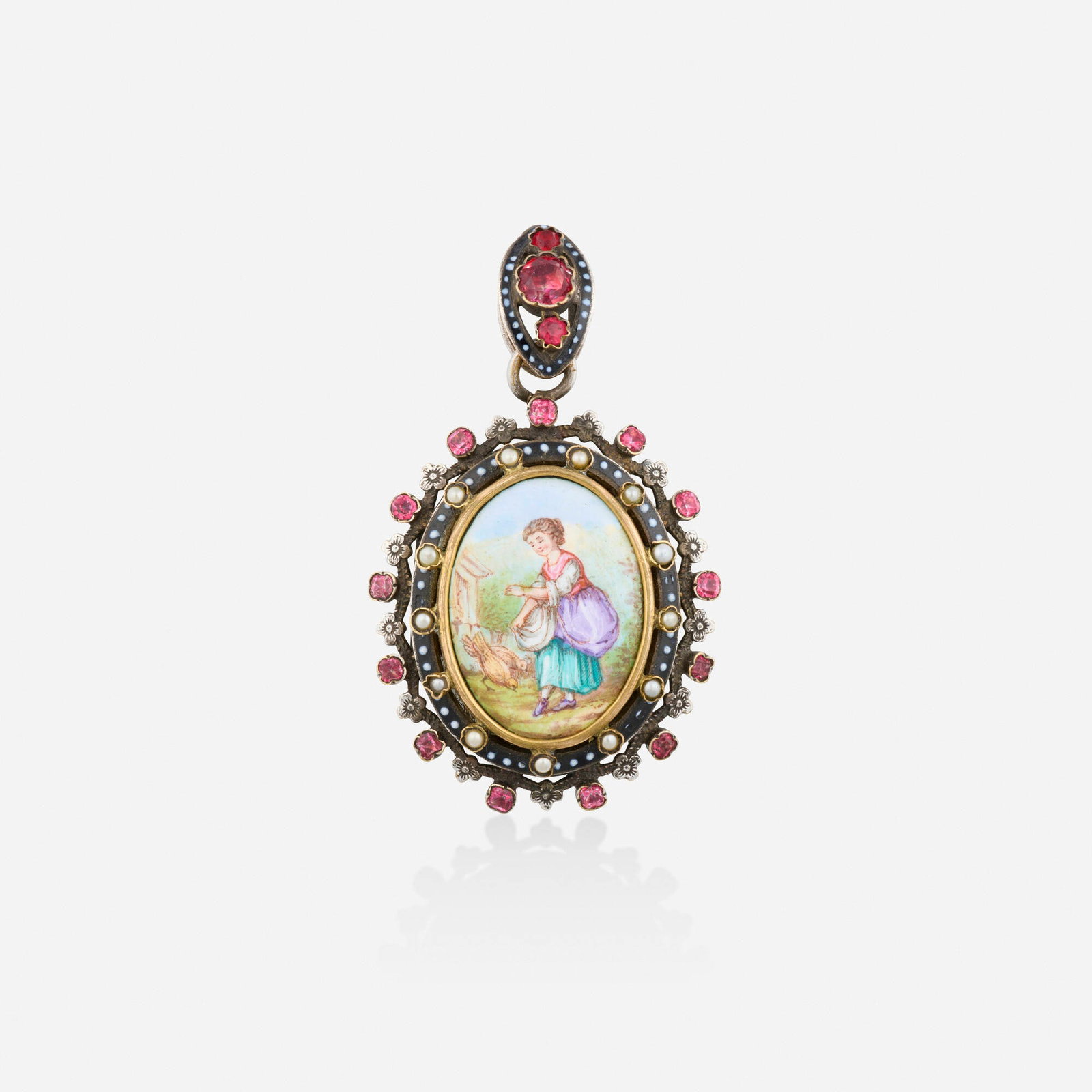 Victorian, Mourning enamel, seed pearl, and paste pendant: Victorian Mourning enamel, seed pearl, and paste pendant The hand-painted enamel portrait of a girl feeding chickens, surrounded by seed pearls and foil-backed paste; the reverse containing braided