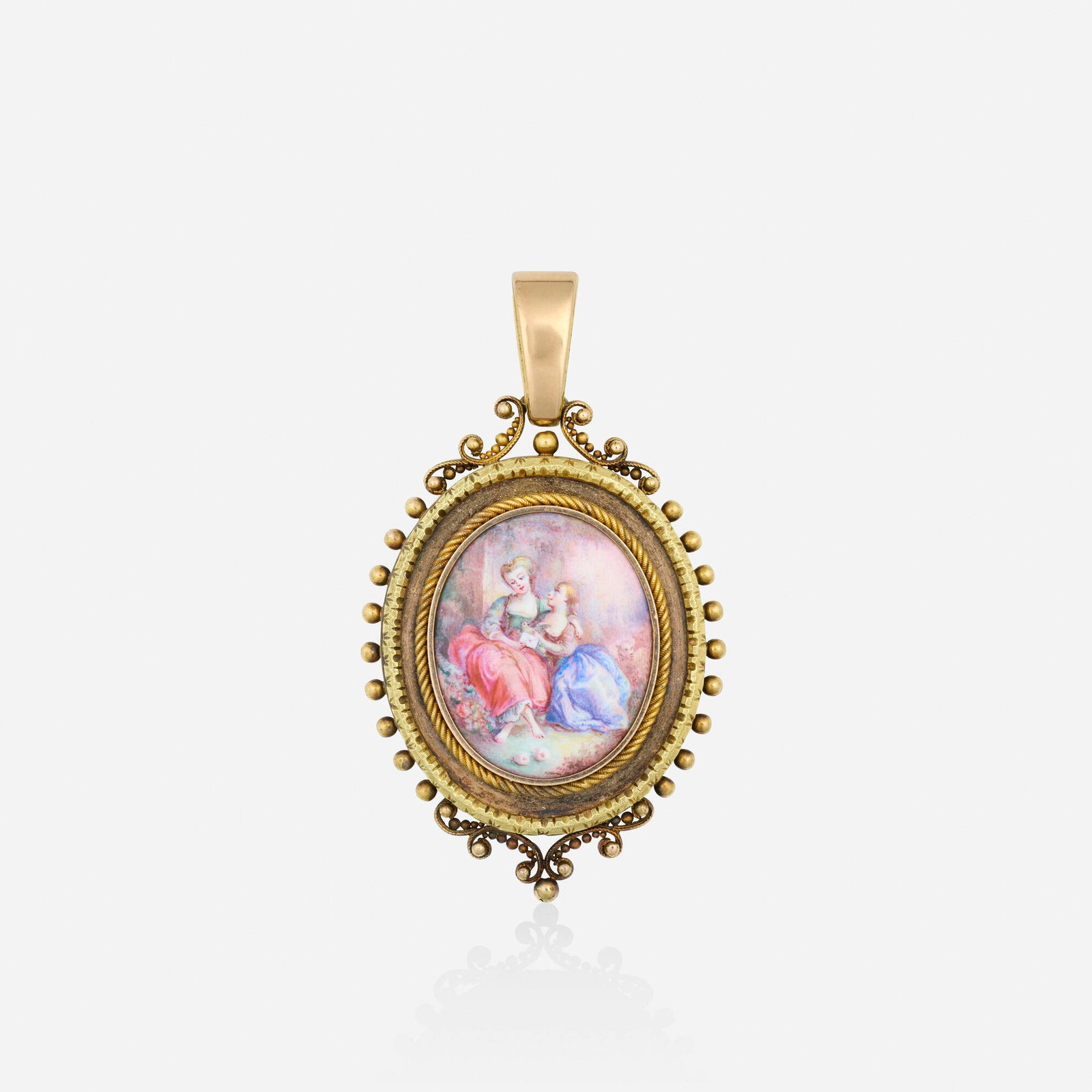 Antique, Enamel and gold pendant: Antique Enamel and gold pendant Set with a hand-painted enamel scene after 'The Love Letter' by Francois Boucher, framed by beaded gold Yellow gold 2.375 x 1.375 in; Gross weight 12.2 dwts