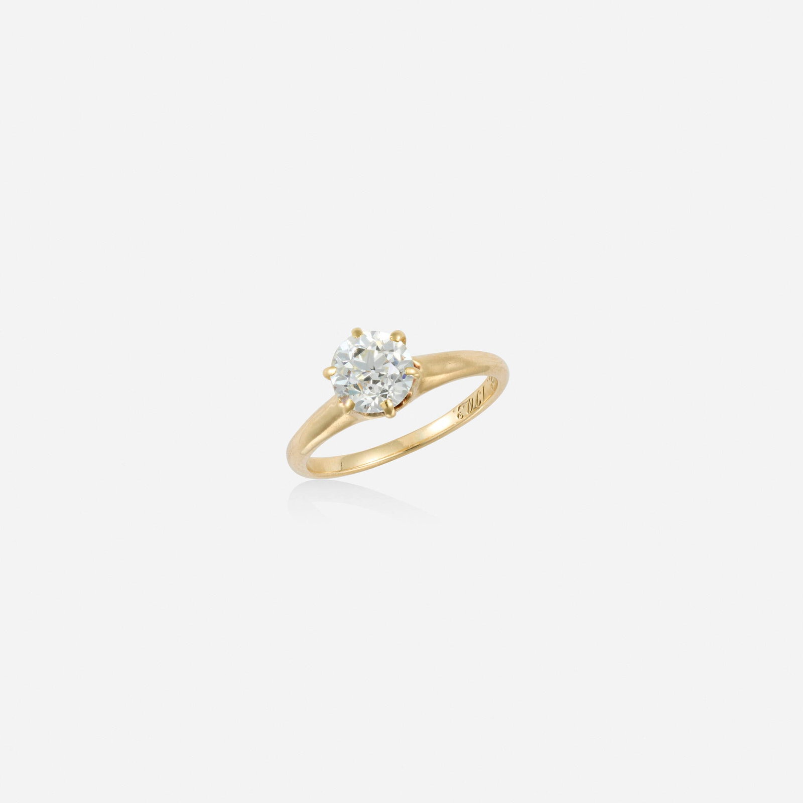 Antique, Diamond and gold engagement ring: Antique Diamond and gold engagement ring Set with an old European-cut diamond 14k yellow gold Ring size 5; Gross weight 1.4 dwts This work will ship from Lambertville, New Jersey.