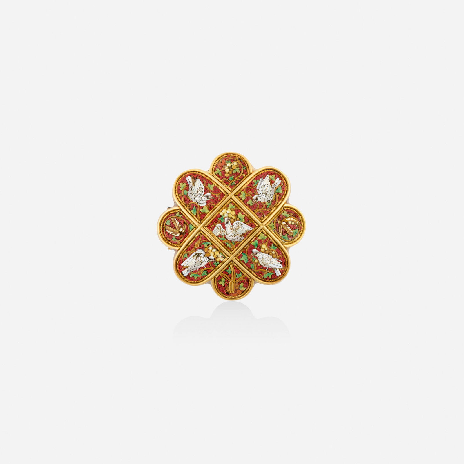 Antique, Micromosaic and gold brooch: Antique Micromosaic and gold brooch The glass tesserae micromosaic depicting depicting doves, grapevines, and heads of wheat, framed by gold wirework Yellow gold-plated base metal 1.375 x 1.375 in; Gr