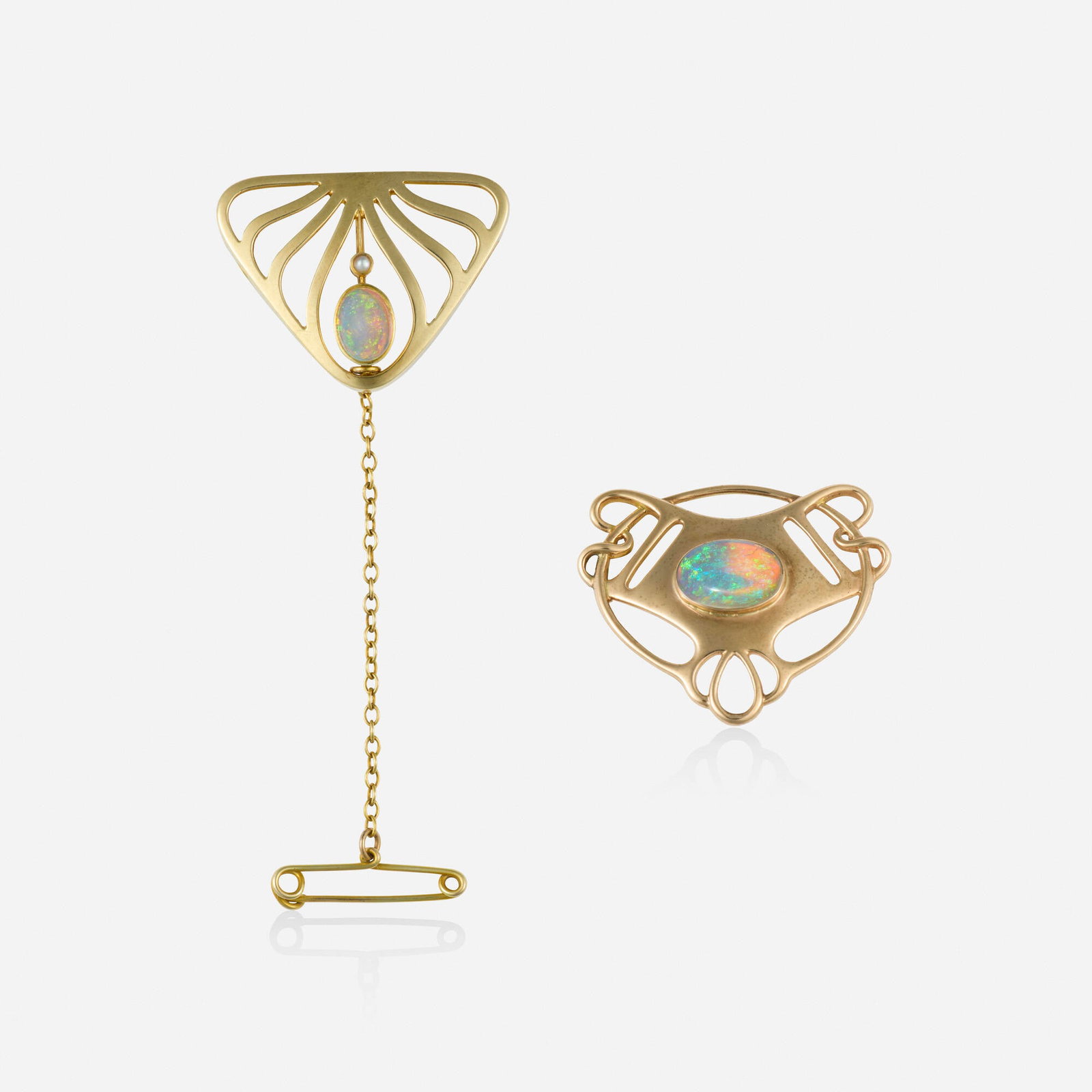 Murrle, Bennett & Co. and Barnet Henry Joseph, Two Art Nouveau opal and gold brooches: Murrle, Bennett & Co. and Barnet Henry Joseph Two Art Nouveau opal and gold brooches One set with a cabochon opal and seed pearl by Murrle, Bennett & Co.; the other set with a cabochon opal by Barnet 