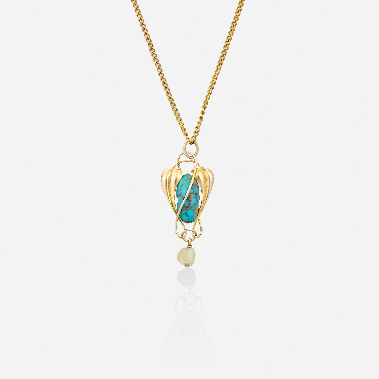 Murrle, Bennett & Co., Art Nouveau turquoise, freshwater pearl, and gold necklace: Murrle, Bennett & Co. Art Nouveau turquoise, freshwater pearl, and gold necklace The scrolling pendant set with cabochon turquoise and a freshwater pearl, suspended from the fine-link chain 9k yellow 