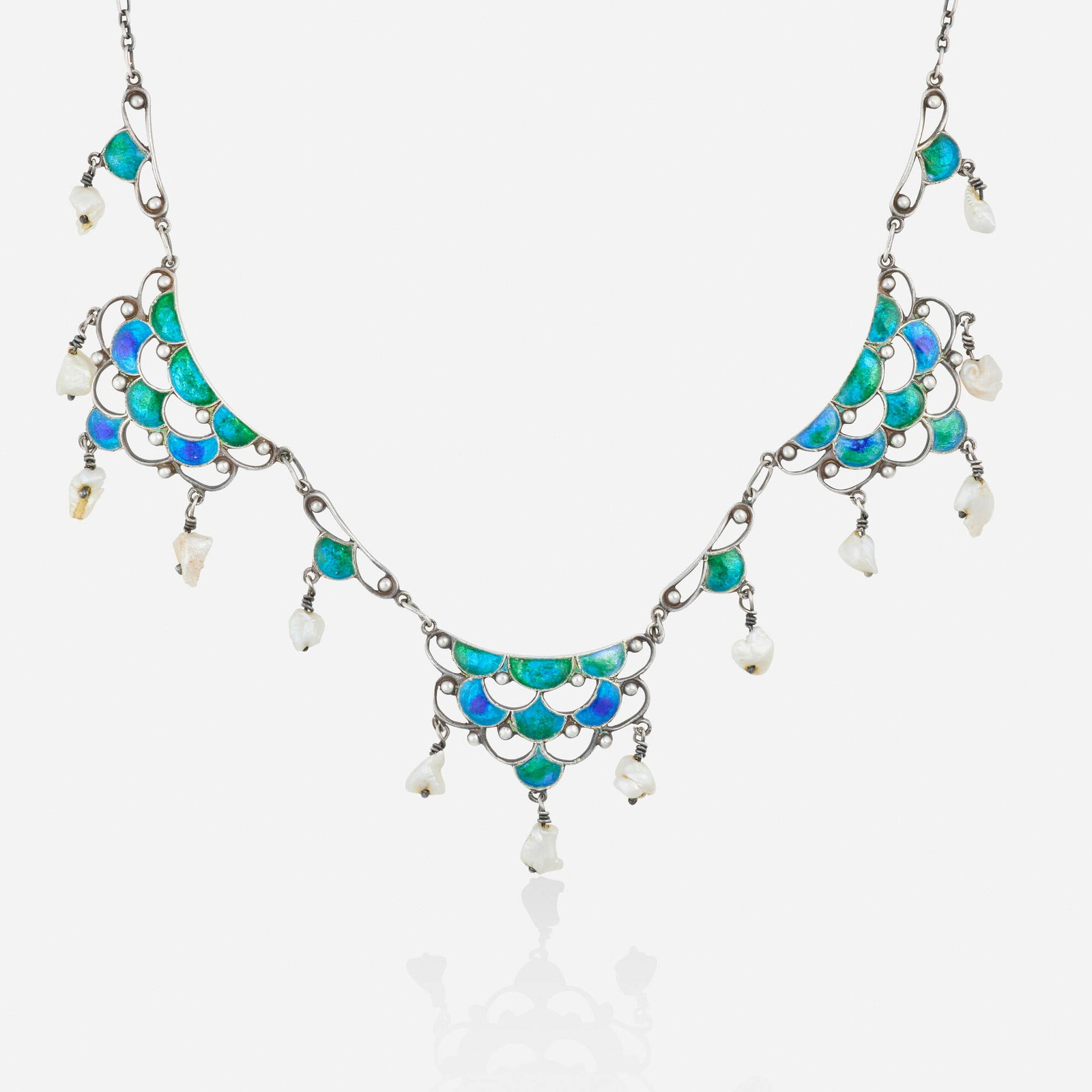 Jessie M. King (attr) for Liberty & Co., Art Nouveau blister pearl, enamel, and silver necklace (1 of 2)