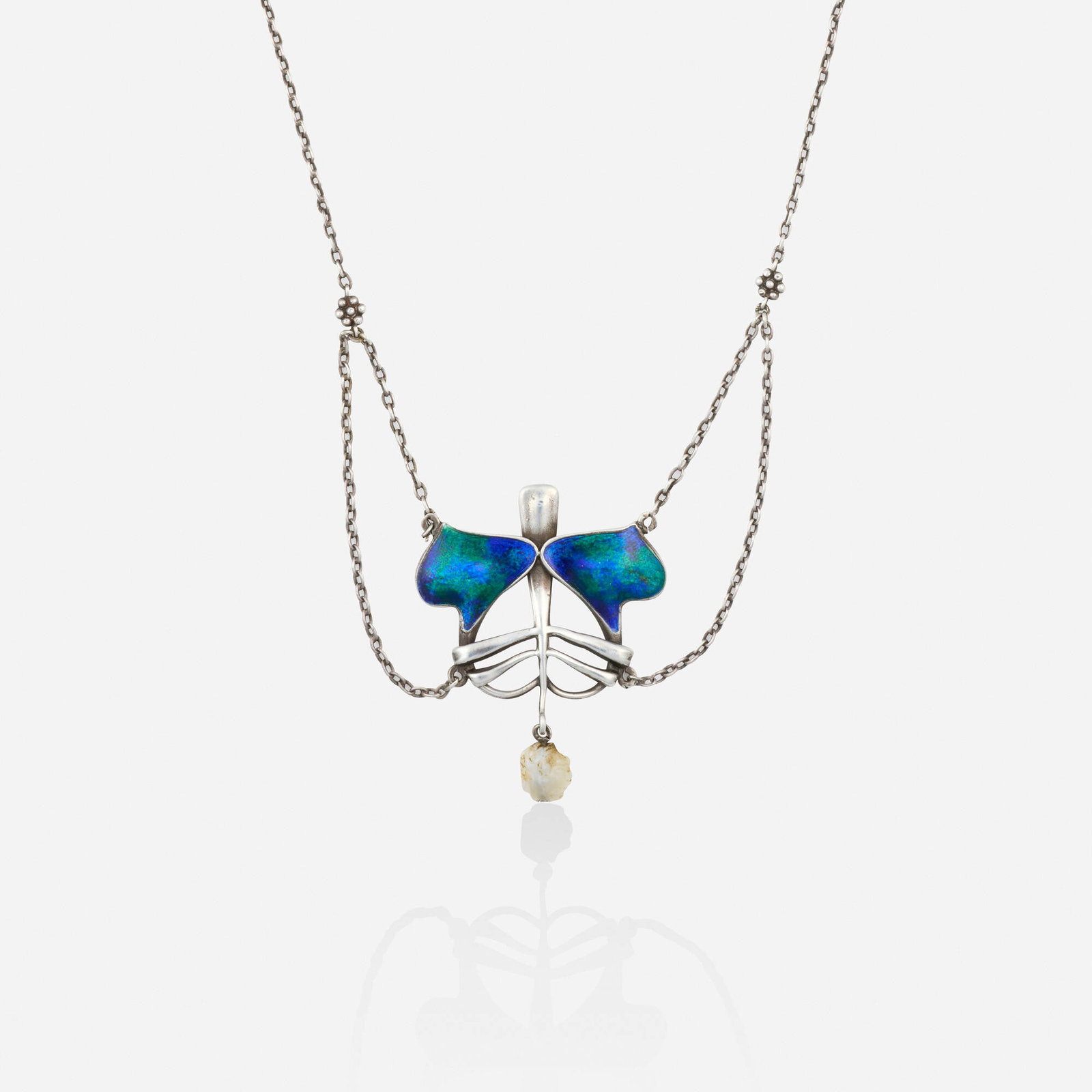 Oliver Baker for Liberty & Co., Arts & Crafts enamel, freshwater pearl, and silver necklace: Oliver Baker for Liberty & Co. Arts & Crafts enamel, freshwater pearl, and silver necklace The open-form pendant of blue and green enamel with a hanging freshwater pearl, joined by the fine-link chain