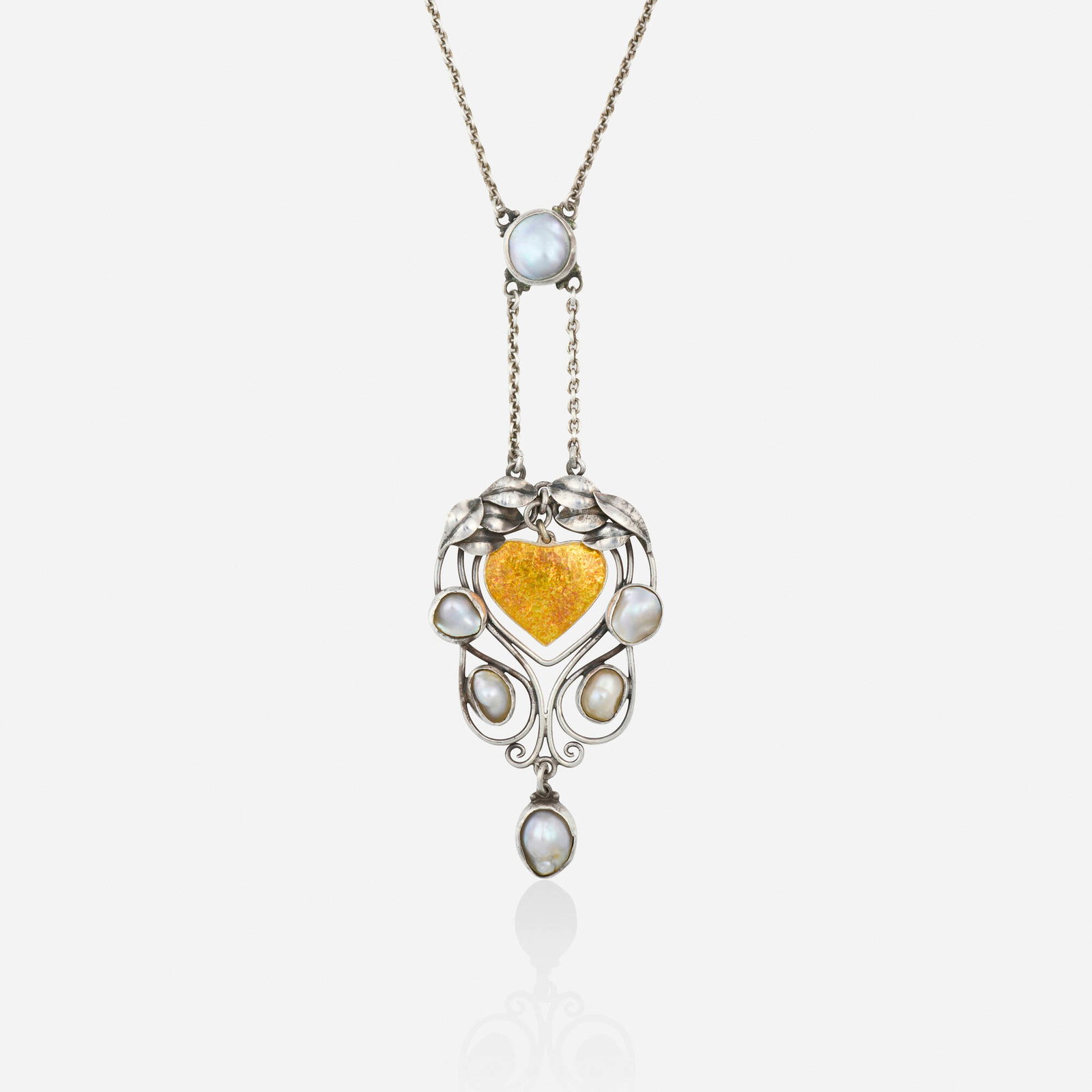 Newlyn, attribution, Arts & Crafts blister pearl, enamel, and silver necklace: Newlyn, attribution Arts & Crafts blister pearl, enamel, and silver necklace The scrolling foliate pendant set with blister pearls and an orange-yellow enamel heart, suspended from the fine-link chain