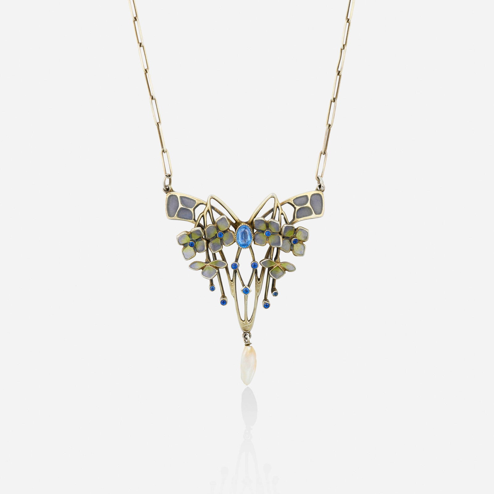 Heinrich Levinger, Jugendstil enamel, freshwater pearl, and glass necklace: Heinrich Levinger Jugendstil enamel, freshwater pearl, and glass necklace The floral pendant of plique-a-jour enamel, set with oval and circular-cut blue glass and hanging freshwater pearl, joined by 