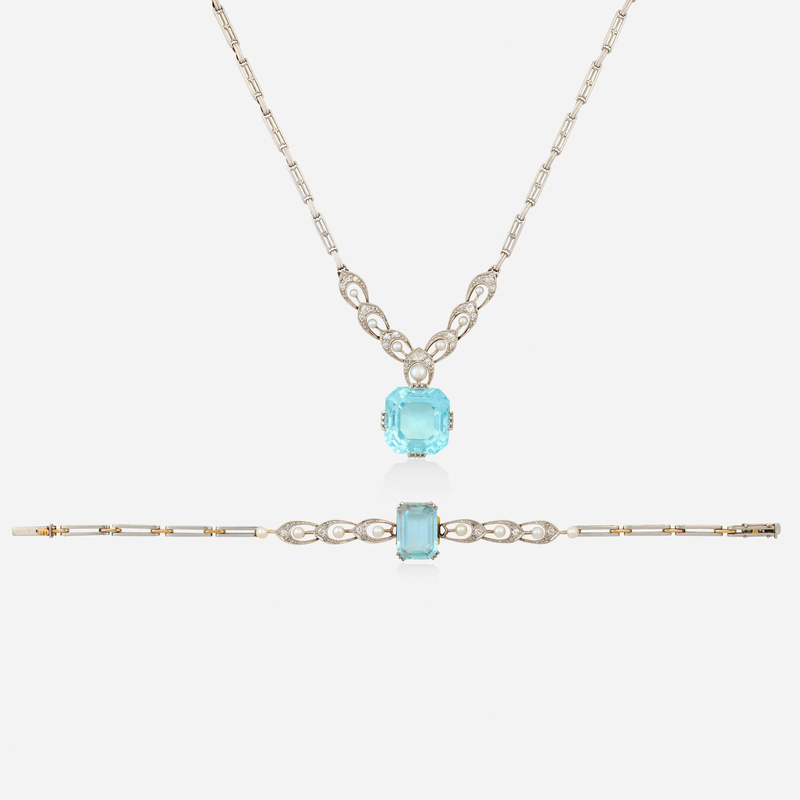 Edwardian, Aquamarine, seed pearl, and diamond necklace and bracelet: Edwardian Aquamarine, seed pearl, and diamond necklace and bracelet Each set with either an Asscher or emerald-cut aquamarine, old mine, rose, or single-cut diamonds, and seed pearls Platinum-topped y