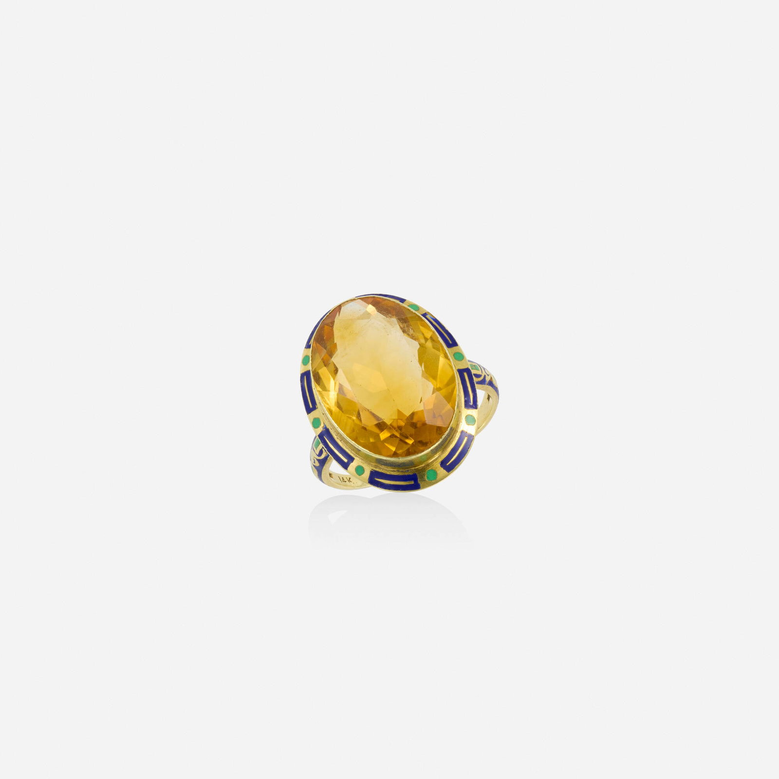 Art Deco, Citrine, enamel, and gold ring: Art Deco Citrine, enamel, and gold ring Set with an oval-cut citrine, surrounded by blue and green enamel 14k yellow gold Ring size 7.75; Gross weight 3.4 dwts This work will ship from Lambertville, N