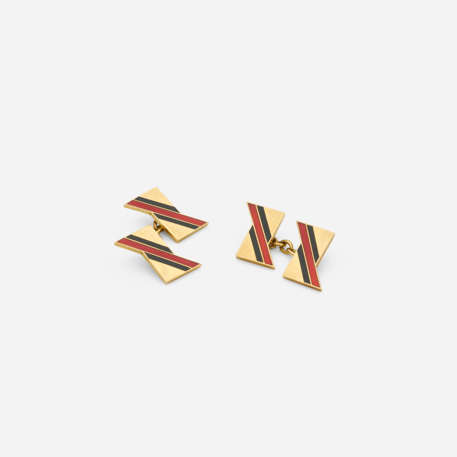 Art Deco, Enamel and gold cufflinks: Art Deco Enamel and gold cufflinks Each designed with red and black enamel stripes Yellow gold Each approx. 1 x 0.625 in; Gross weight 10.1 dwts This work will ship from Lambertville, New Jersey.