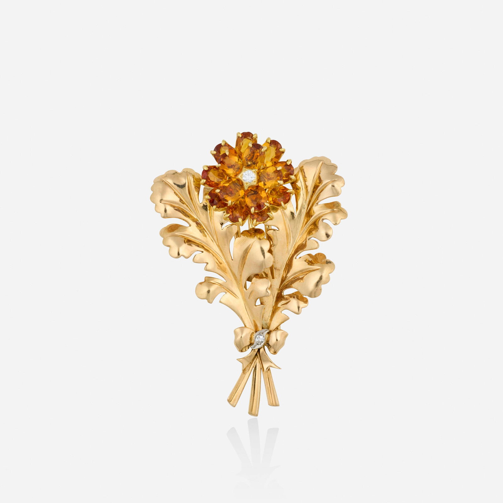 Tiffany & Co., Retro citrine, diamond, and bicolor gold brooch: Tiffany & Co. Retro citrine, diamond, and bicolor gold brooch Of floral design, set with oval-cut citrines, round brilliant and single-cut diamonds 14k pink and white gold Signed Tiffany & Co. 2.375 x