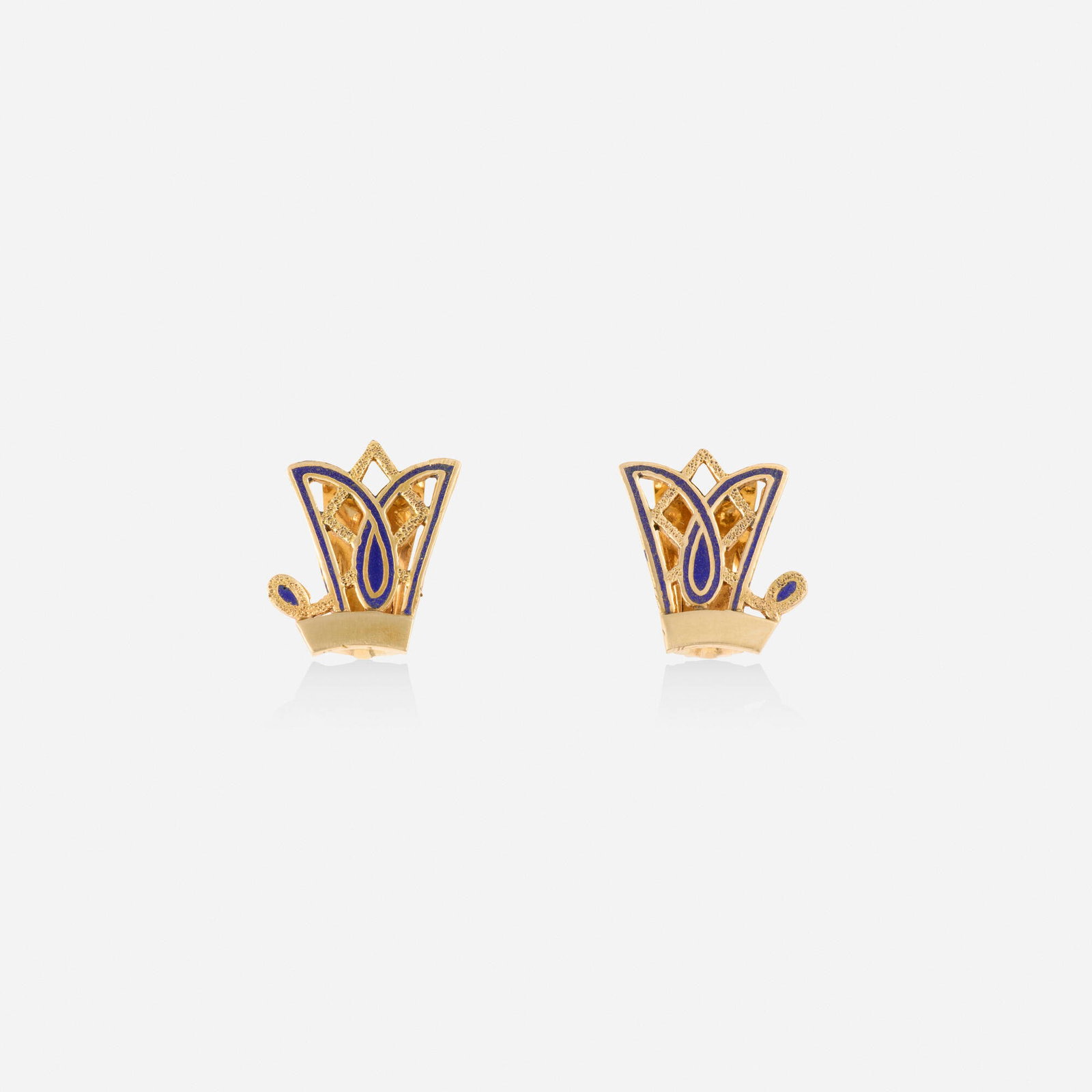 Retro, Enamel and gold earrings: Retro Enamel and gold earrings Lori Ulanova was one of the first female violinists in the Los Angeles Philharmonic Of pierced design, enhanced with blue enamel Yellow gold 0.625 x 0.50 in; Gross