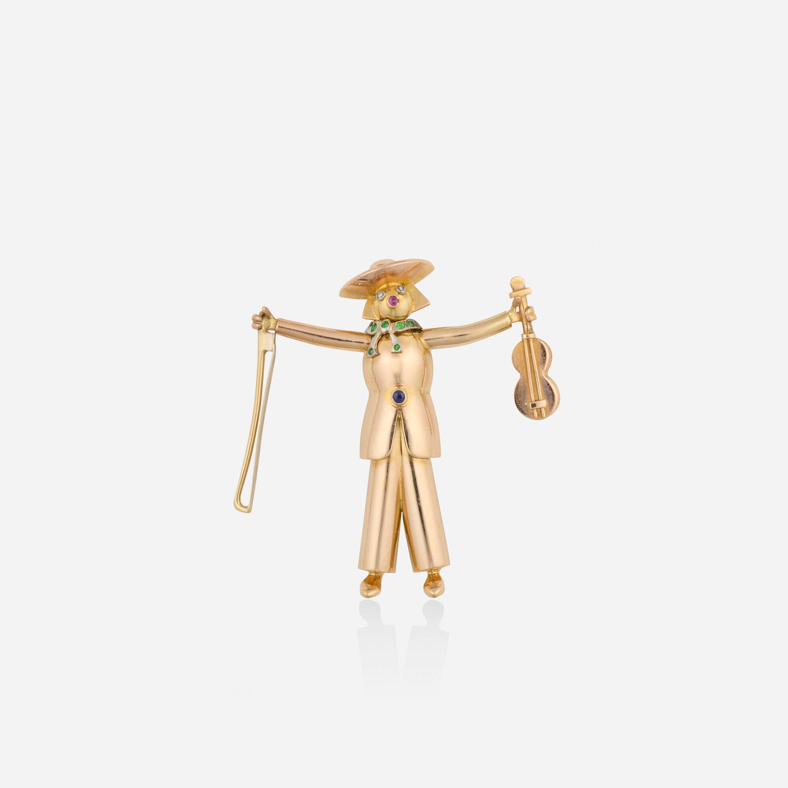 Retro, Multi-gem, diamond, and tricolor gold brooch: Retro Multi-gem, diamond, and tricolor gold brooch The violin player set with rose-cut diamonds, cabochon ruby, circular-cut sapphires and demantoid garnets Pink, yellow, and white gold 1.75 x 1.75 in