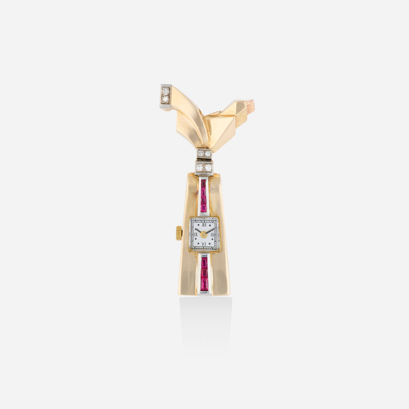 Retro, Synthetic ruby, diamond, and bicolor gold watch-brooch: Retro Synthetic ruby, diamond, and bicolor gold watch-brooch The brooch set with rectangular-cut synthetic rubies and single-cut diamonds, the dial with Roman numeral and dot hours, with Longines