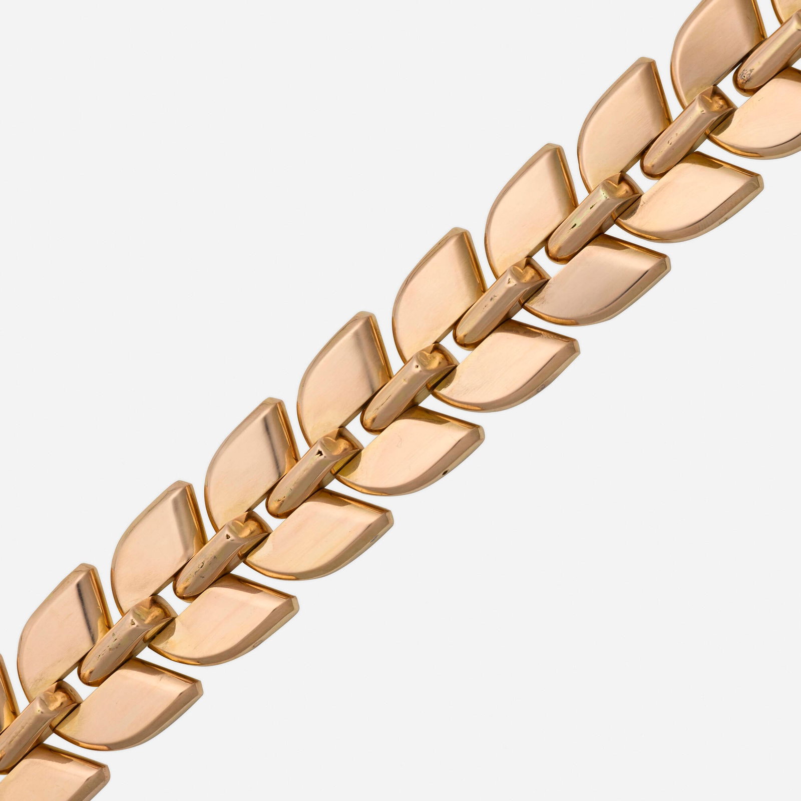 Boucheron, Retro 'Palmettes' pink gold bracelet: Boucheron Retro 'Palmettes' pink gold bracelet Designed with sculptural links 18k pink gold Signed Boucheron Paris 7.625 x 1 in; Gross weight 55.4 dwts This work will ship from Lambertville, New