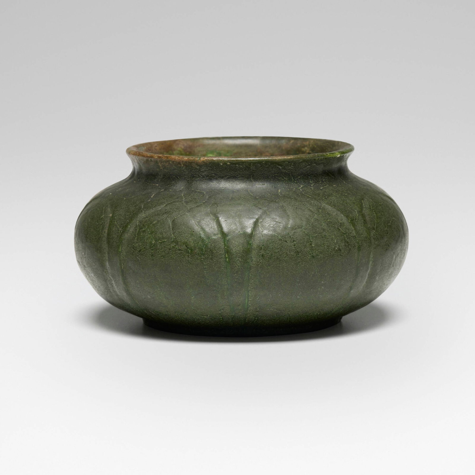 Grueby Faience Company, Low vase with leaves: Grueby Faience Company Low vase with leaves USA, 1899-1910 glazed earthenware 3 h x 5.5 dia in (8 x 14 cm) Impressed manufacturer's mark to underside 'Grueby Pottery Boston U.S.A.' with