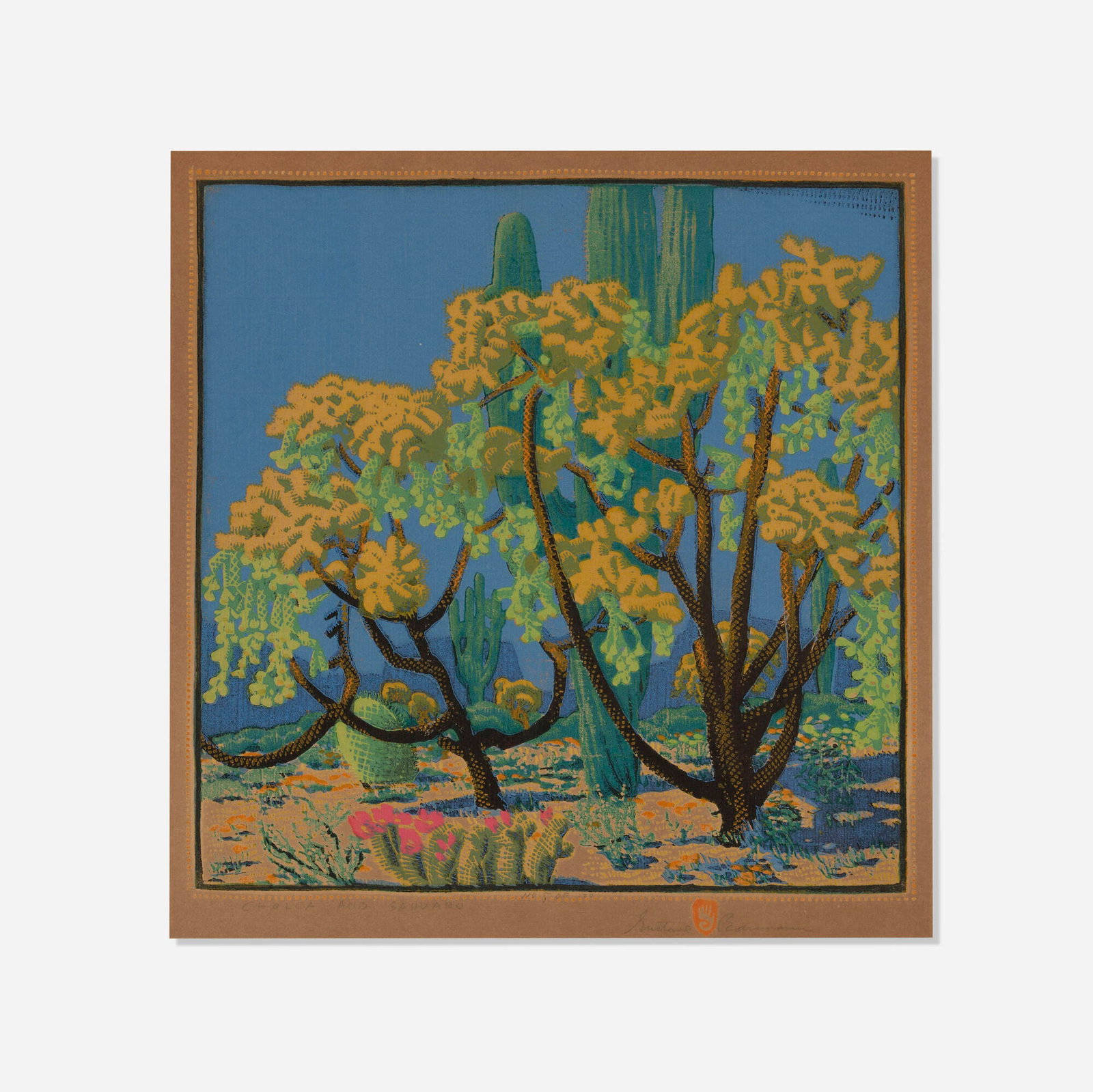Gustave Baumann, Cholla and Sahuaro (Saguaro): Gustave Baumann Cholla and Sahuaro (Saguaro) 1928 woodcut in colors on Van Gelder Zonen image: 12.75 h x 12.75 w in (32 x 32 cm) sheet: 17.125 h x 14.5 w in (43 x 37 cm) An example of this work is