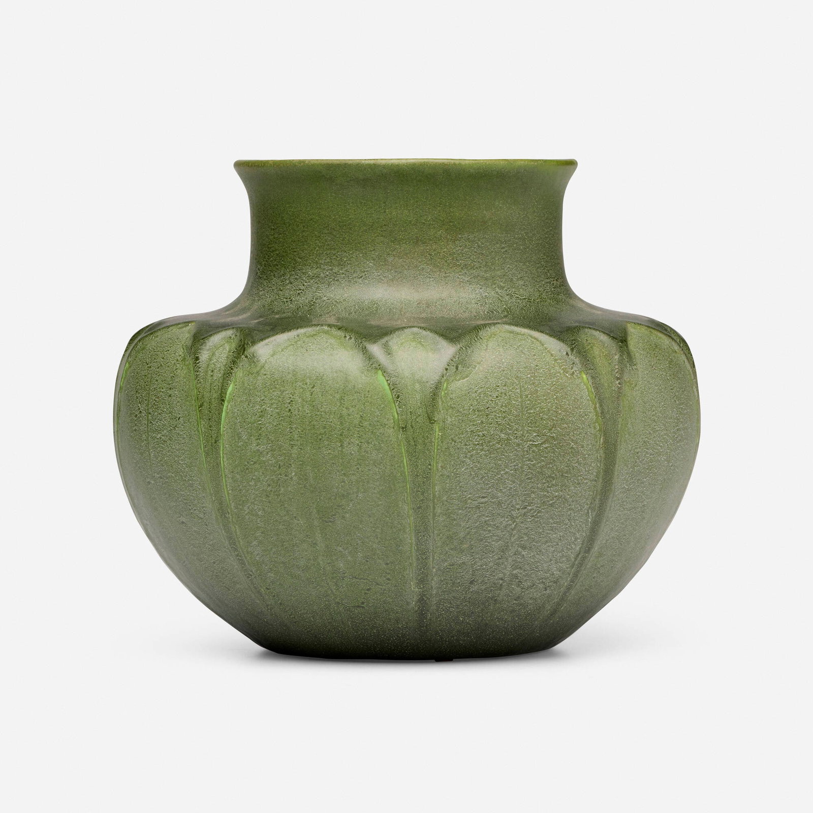 Wilhelmina Post for Grueby Faience Company, Vase with overlapping leaves (1 of 3)