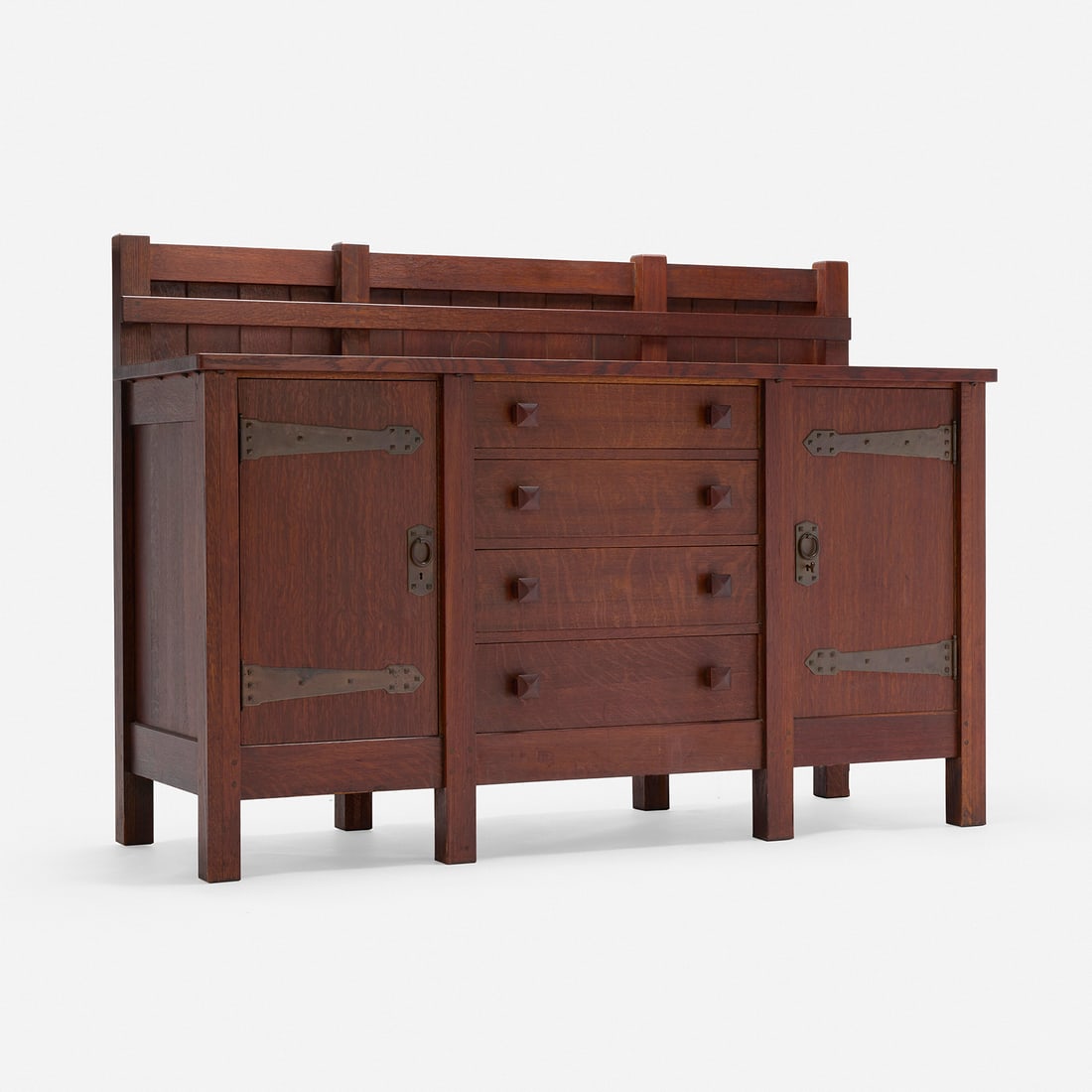 Gustav Stickley, Early eight-leg sideboard, model 961: Gustav Stickley Early eight-leg sideboard, model 961 USA, c. 1902 oak, copper 49 h x 69.5 w x 25 d in (124 x 177 x 63 cm) Sideboard features four drawers and two doors each concealing one shelf and st