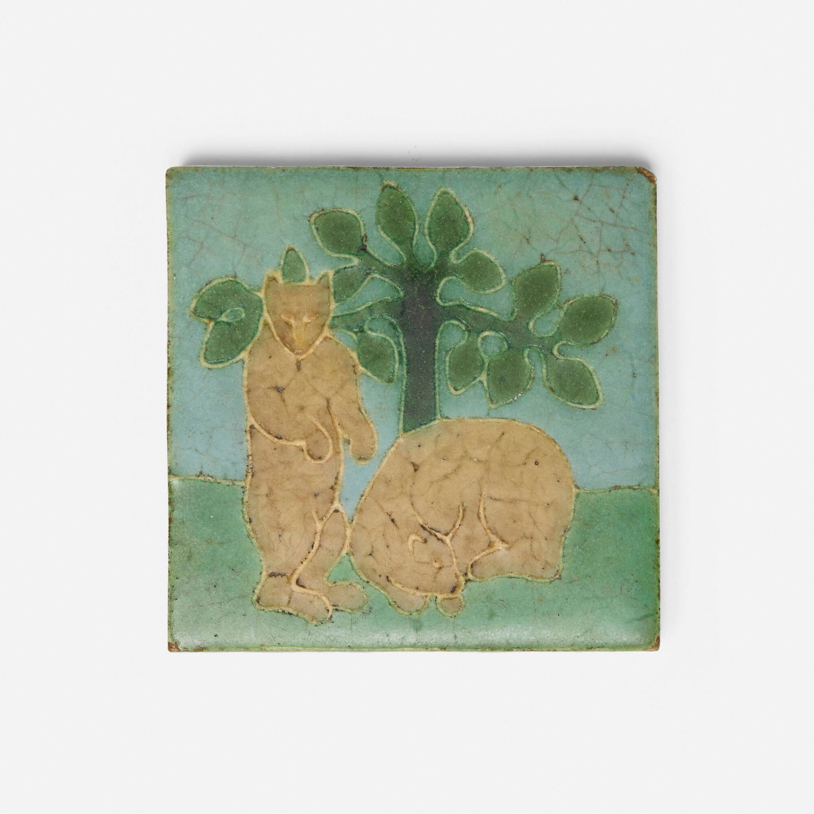Grueby Faience Company, Tile with bears and tree: Grueby Faience Company Tile with bears and tree USA, c. 1910 glazed earthenware decorated in cuenca 4 h x 4 w x 0.5 d in (10 x 10 x 1 cm) Provenance: Estate of Ethel Leichti, Oak Park, IL This work