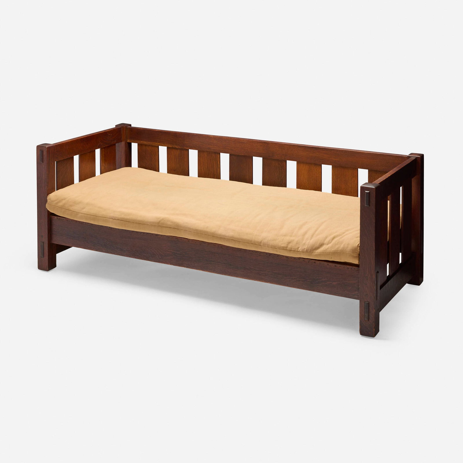 Gustav Stickley, Even-arm settle, model 208: Gustav Stickley Even-arm settle, model 208 USA, c. 1912-16 oak, upholstery 29 h x 76 w x 32.5 d in (74 x 193 x 83 cm) Branded manufacturer's mark to underside 'Als ik kan Stickley'