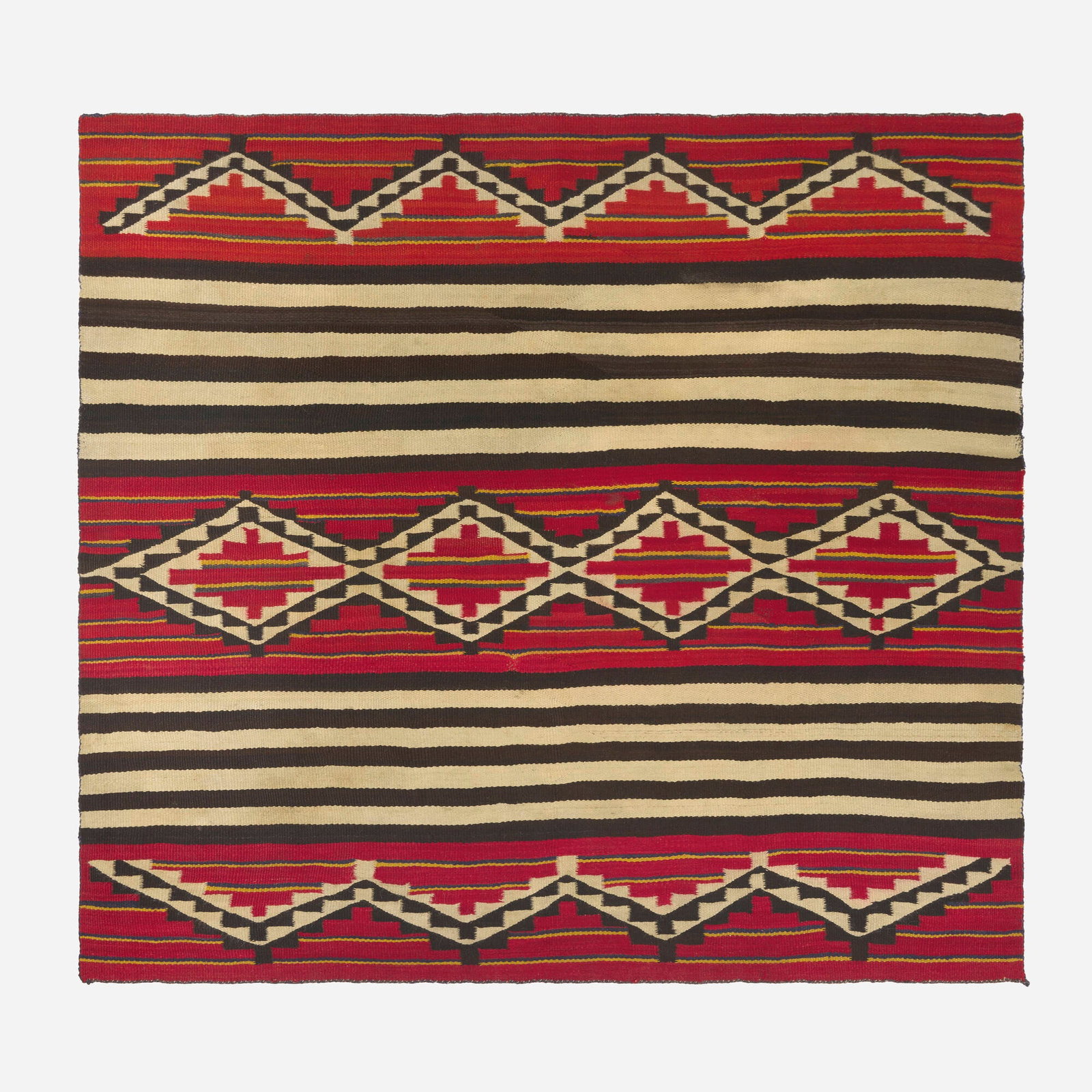 Navajo / Dine, Transitional Period women's-style Chief's blanket: Navajo / Dine Transitional Period women's-style Chief's blanket c. 1900 hand-woven wool 5'9" x 5'3" in (177 x 160 cm) This work will ship from Chicago, Illinois.