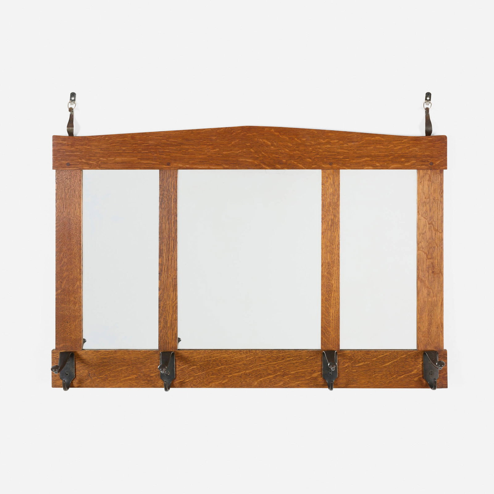 Gustav Stickley, Hall mirror, model 68: Gustav Stickley Hall mirror, model 68 USA, c. 1907 oak, mirrored glass, iron 29.5 h x 42 w x 7 d in (75 x 107 x 18 cm) Red manufacturer's decal to reverse 'Als ik kan Gustav Stickley'