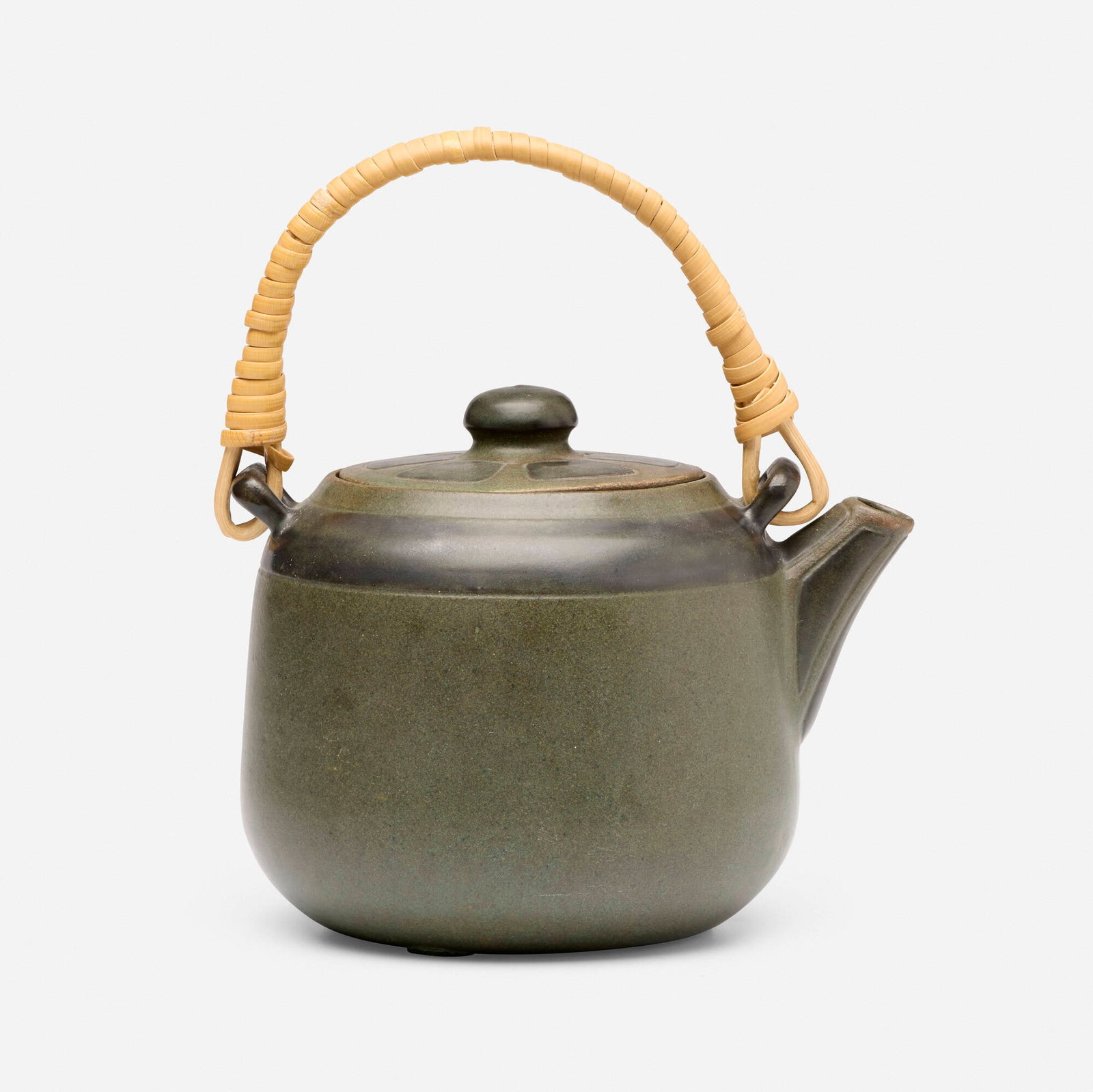 Arthur Eugene Baggs and Sarah Tutt for Marblehead Pottery, Teapot with geometric design: Arthur Eugene Baggs and Sarah Tutt for Marblehead Pottery Teapot with geometric design USA, 1908-1916 glazed earthenware, bamboo 8 h x 6.5 w x 5.5 d in (20 x 17 x 14 cm) Impressed manufacturer's