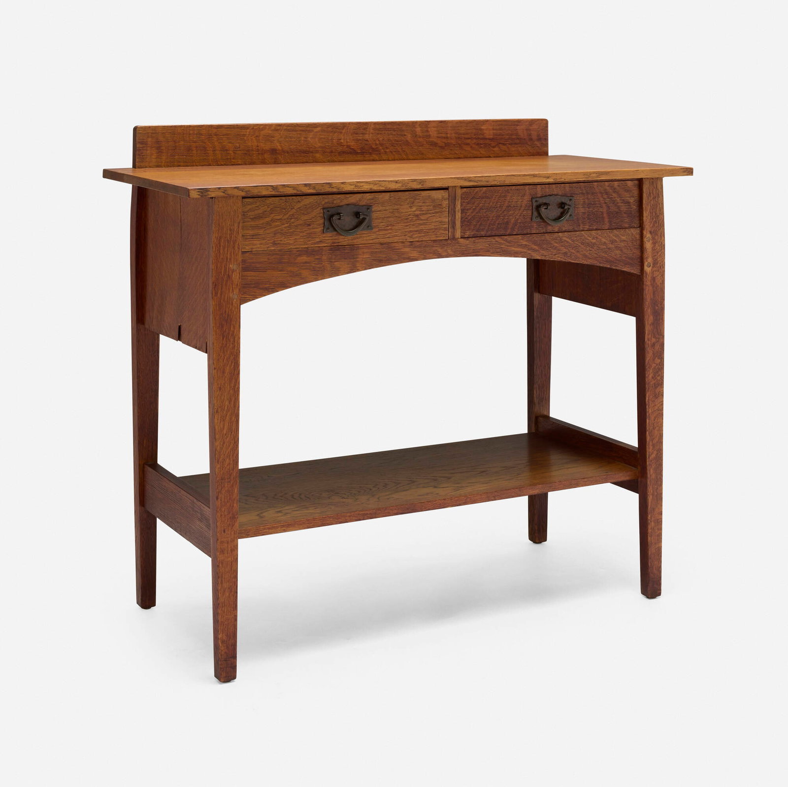 Gustav Stickley, Server, model 802: Gustav Stickley Server, model 802 USA, c. 1907 oak, brass 39.25 h x 42 w x 18 d in (100 x 107 x 46 cm) This server is reminiscent of Harvey Ellis designs and features two drawers. Red