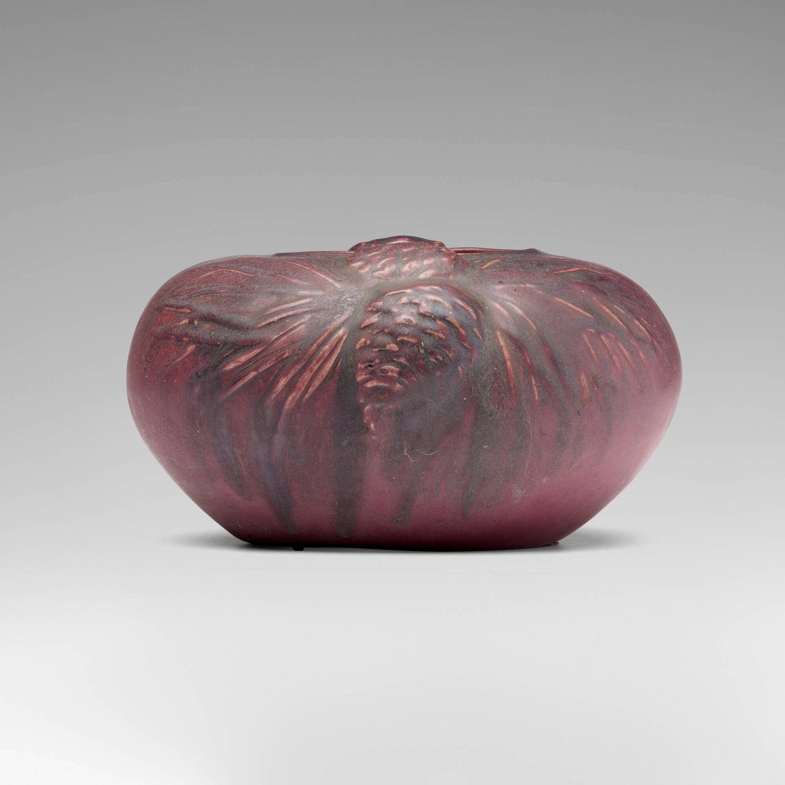 Van Briggle Pottery, Vase with pine needles and cones: Van Briggle Pottery Vase with pine needles and cones USA, 1917 glazed earthenware 5.25 h x 10 w x 9 d in (13 x 25 x 23 cm) Incised manufacturer's mark and date to underside 'AA 1917'. This work