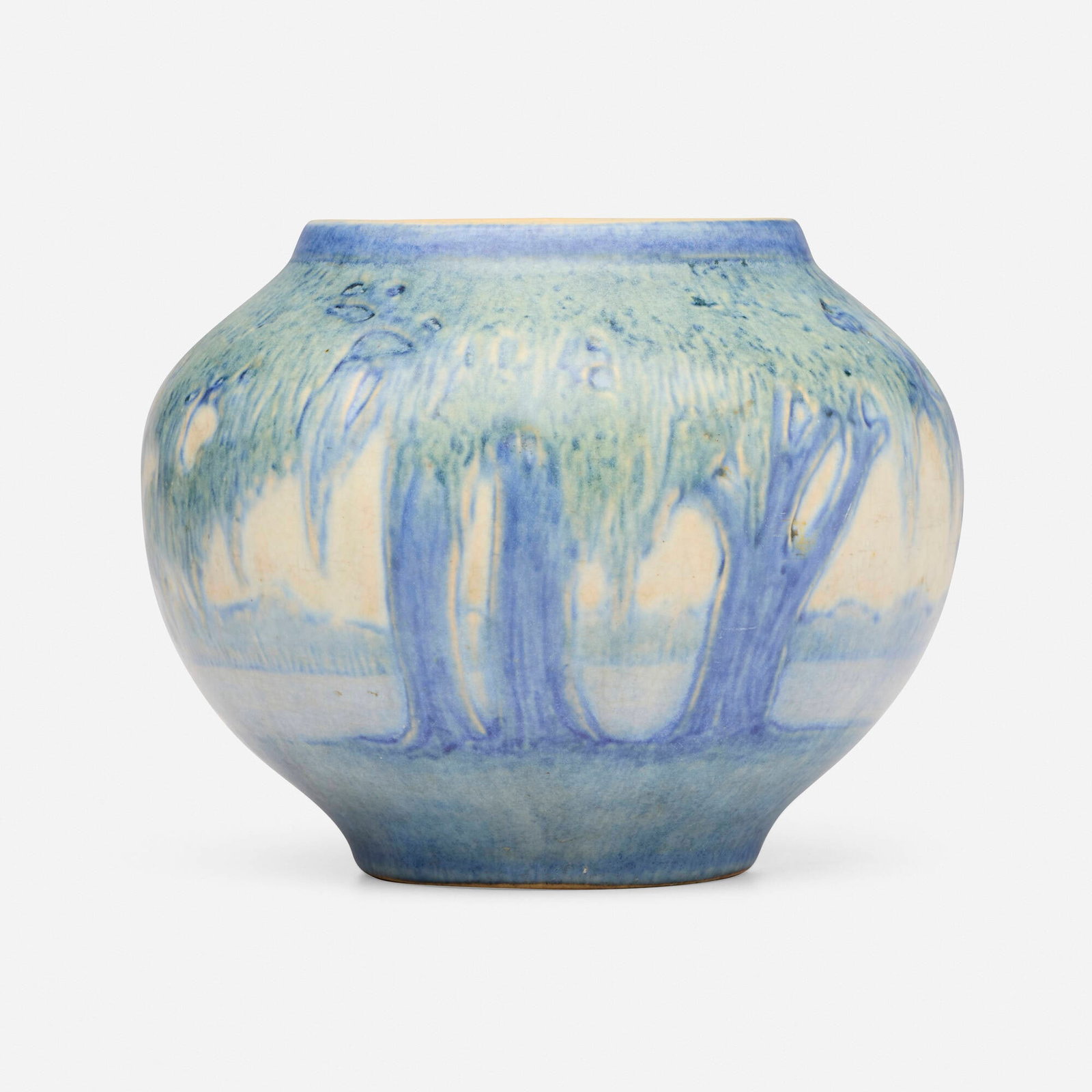 Anna Frances Simpson for Newcomb College, Twilight scenic vase with live oaks and Spanish moss: Anna Frances Simpson for Newcomb College Pottery Twilight scenic vase with live oaks and Spanish moss USA, 1918 glazed earthenware 4.125 h x 5 dia in (10 x 13 cm) Impressed manufacturer's mark