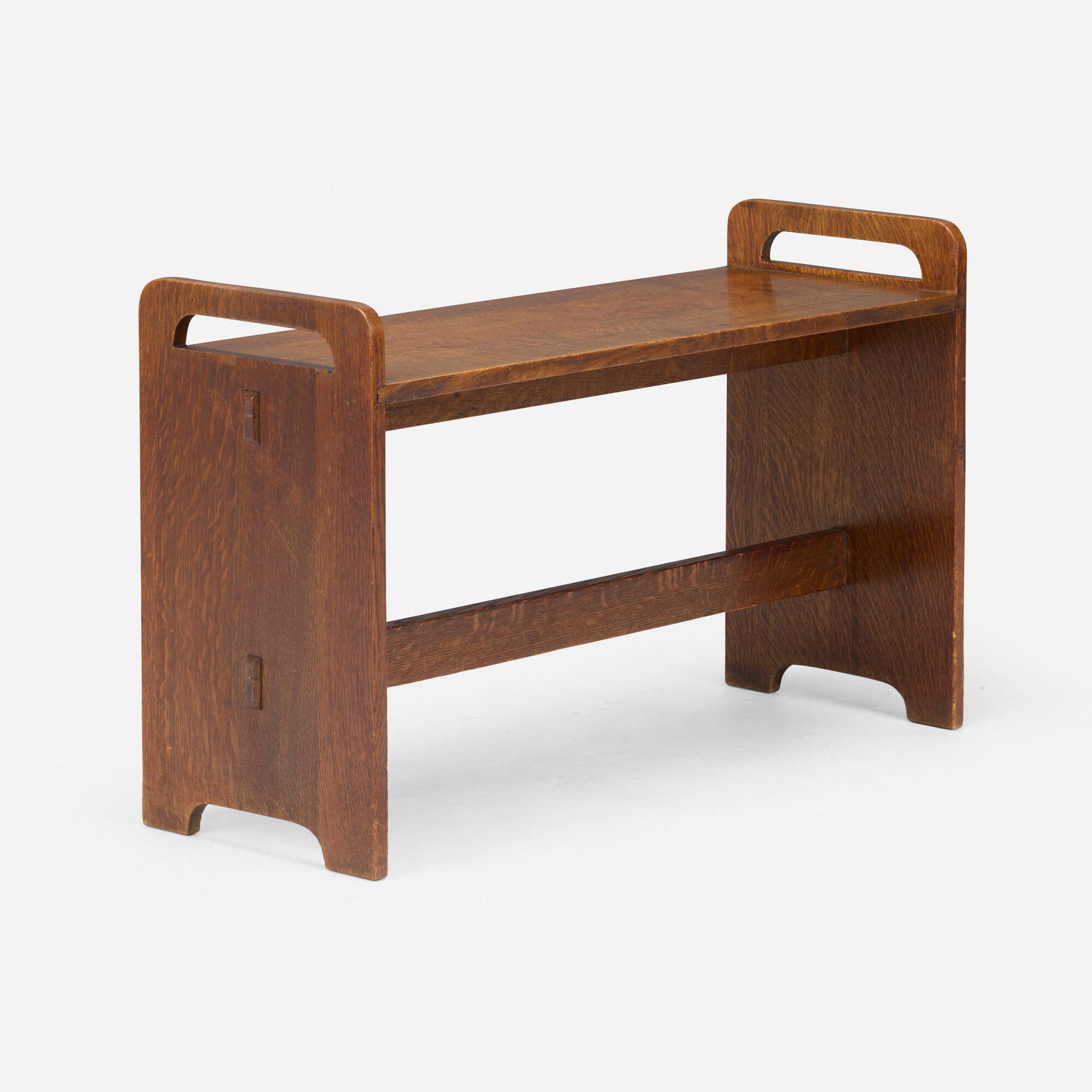 Gustav Stickley, Bench, model 217: Gustav Stickley Bench, model 217 USA, c. 1907 oak 22.25 h x 35.75 w x 12.75 d in (57 x 91 x 32 cm) Remnants of original paper label to underside. Literature: Catalogue of Craftsman Furniture,