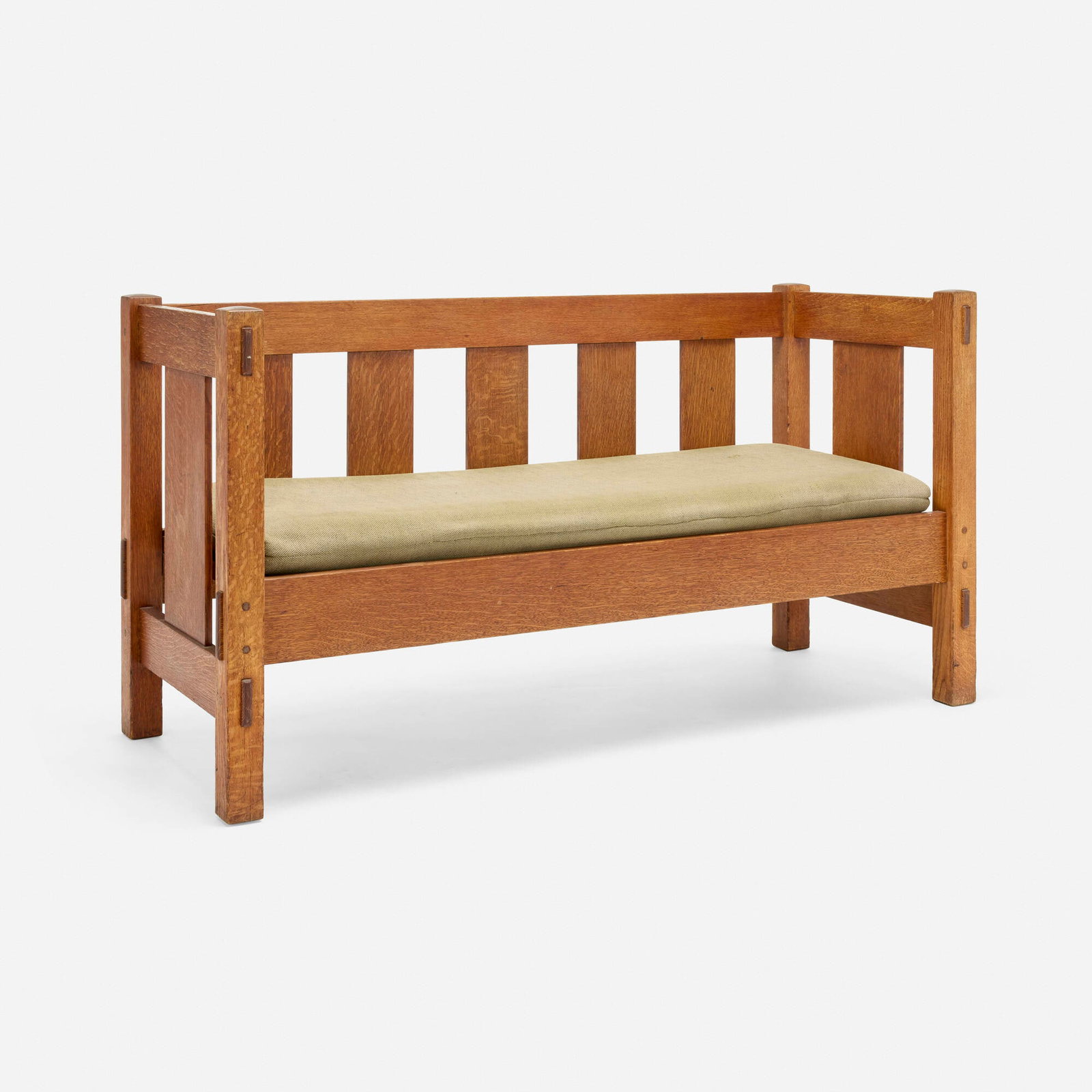 Gustav Stickley, Hall settle, model 205: Gustav Stickley Hall settle, model 205 USA, c. 1910 oak, upholstery 29.75 h x 55.5 w x 22 d in (76 x 141 x 56 cm) Provenance: Estate of Ethel Leichti, Oak Park, IL Literature: Catalogue of Craftsman